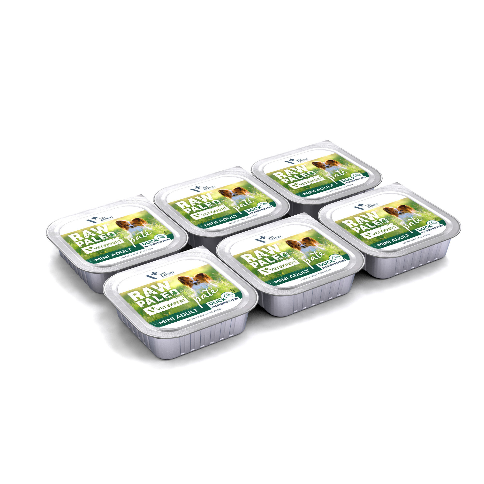 Na obrazie widoczne są sześć opakowań mokrej karmy dla psów z etykietą \'RAW PALEO VET EXPERT MINI ADULT DUCK PATE\'.