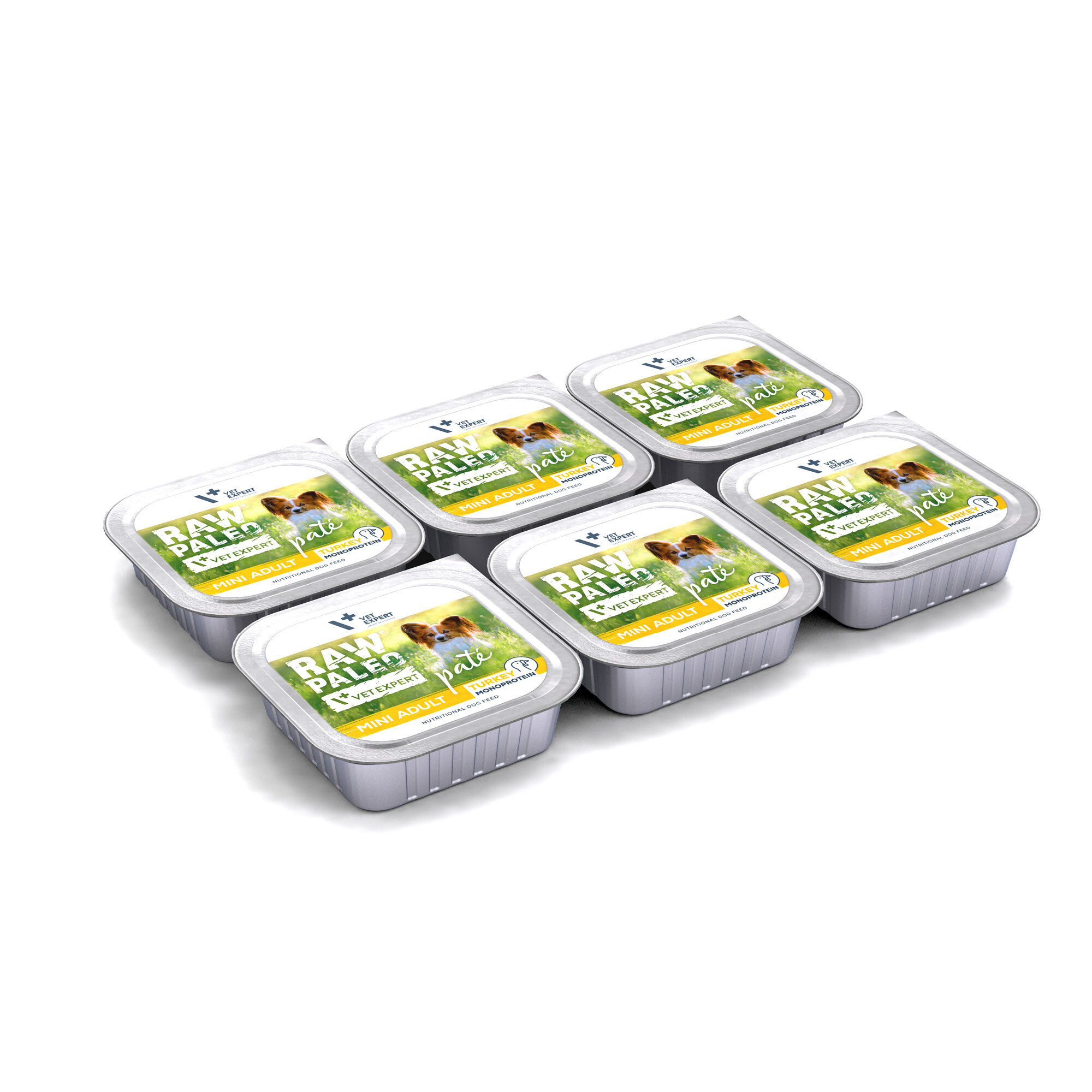 Na obrazie widoczne są sześć opakowań mokrej karmy dla psów dorosłych z etykietą \'RAW PALEO pate MINI ADULT\'. Opakowania są ułożone w dwóch rzędach po trzy sztuki.