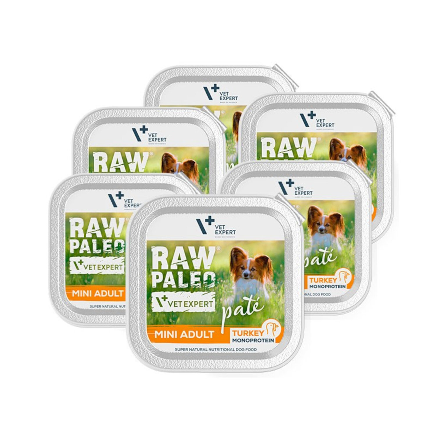 Na obrazie widoczne są sześć opakowań produktu \'RAW PALEO VET EXPERT MINI ADULT pate TURKEY MONOPROTEIN\'. Opakowania mają etykietę z wizerunkiem psa i logo \'VET EXPERT\'.