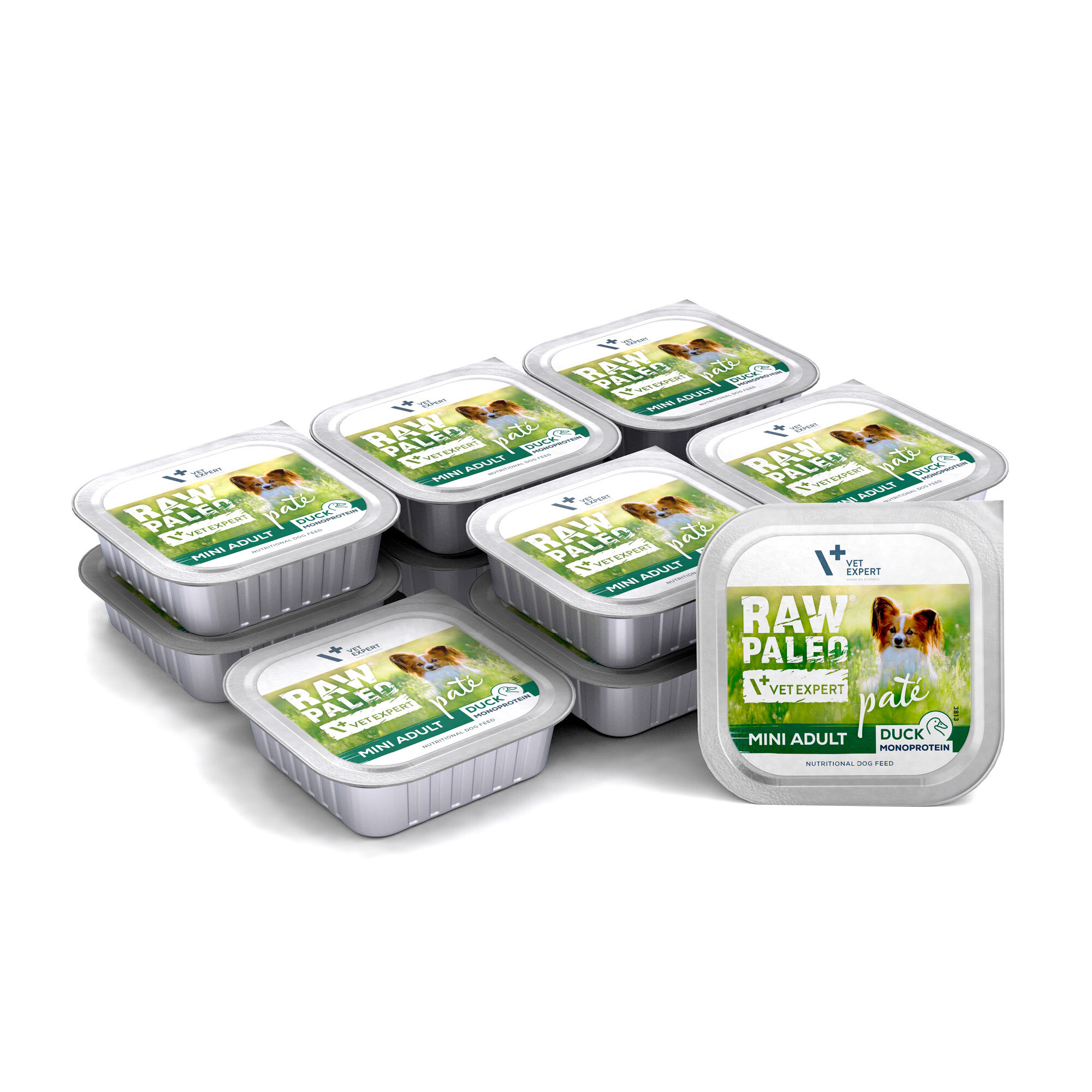 Na obrazie widoczne są opakowania mokrej karmy dla psów z etykietą \'RAW PALEO VET EXPERT pate MINI ADULT DUCK MONOPROTEIN\'. Opakowania są ułożone w stos, a na etykiecie znajduje się zdjęcie psa.