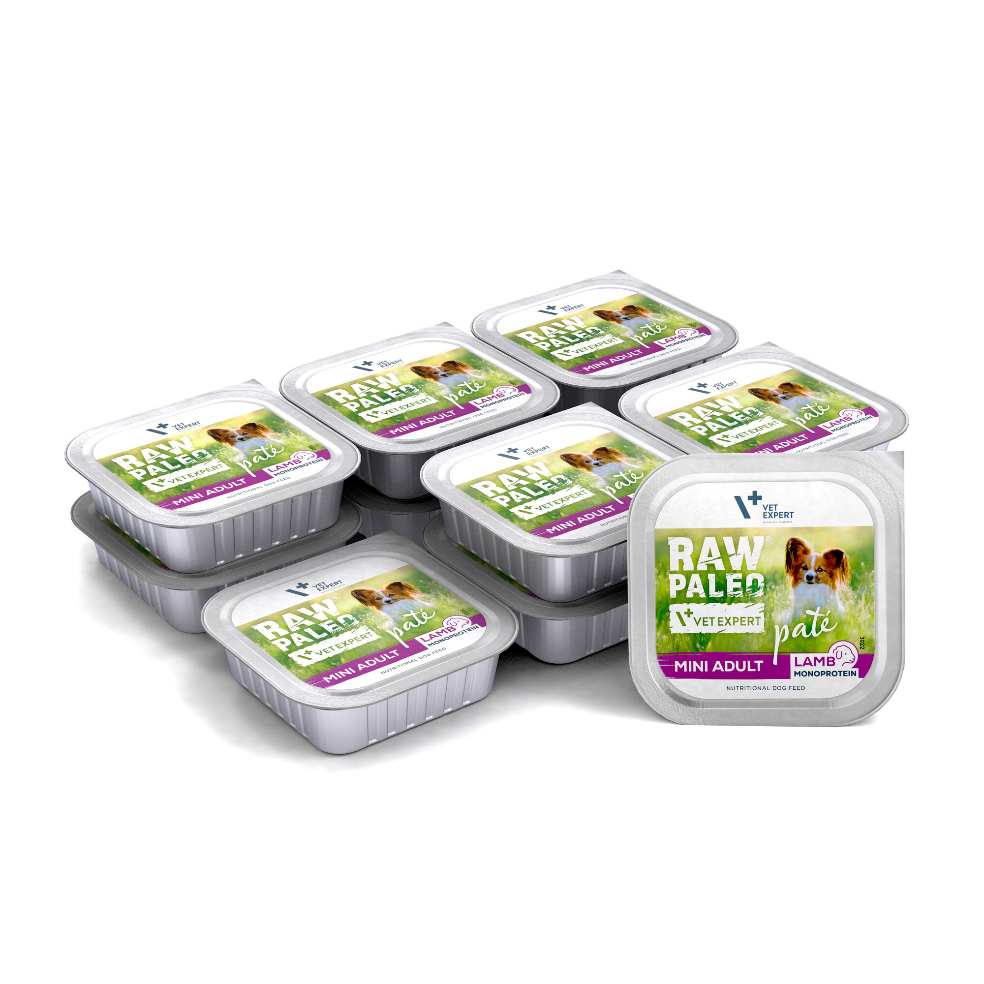 Na obrazie widoczne są opakowania mokrej karmy dla psów z napisem \'RAW PALEO VET EXPERT MINI ADULT LAMB MONOPROTEIN\'. Opakowania są białe z zielonymi i fioletowymi elementami graficznymi.