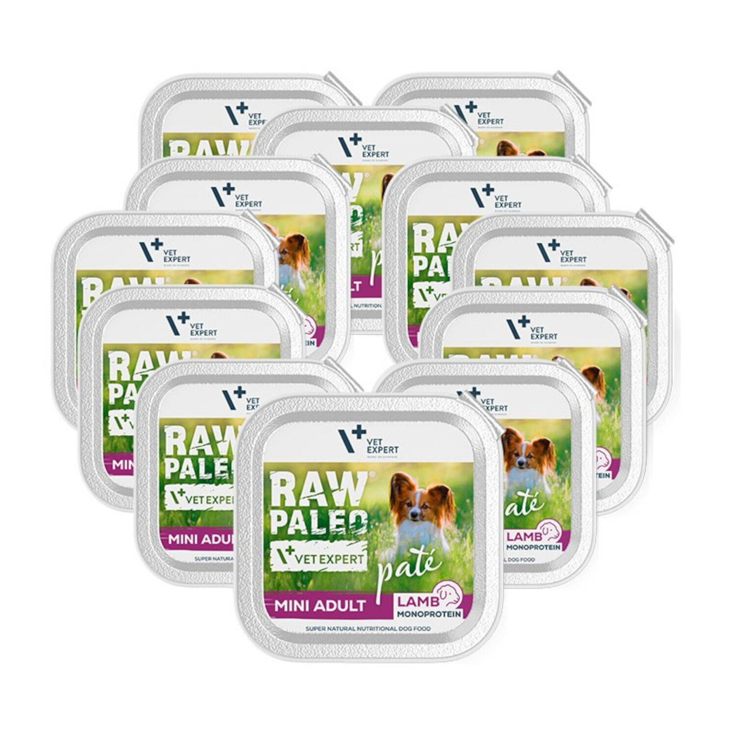 Na obrazie widocznych jest dwanaście opakowań mokrej karmy dla psów z napisem \'RAW PALEO VET EXPERT MINI ADULT LAMB MONOPROTEIN\'. Na etykiecie znajduje się zdjęcie psa oraz logo producenta \'VET EXPERT\'.