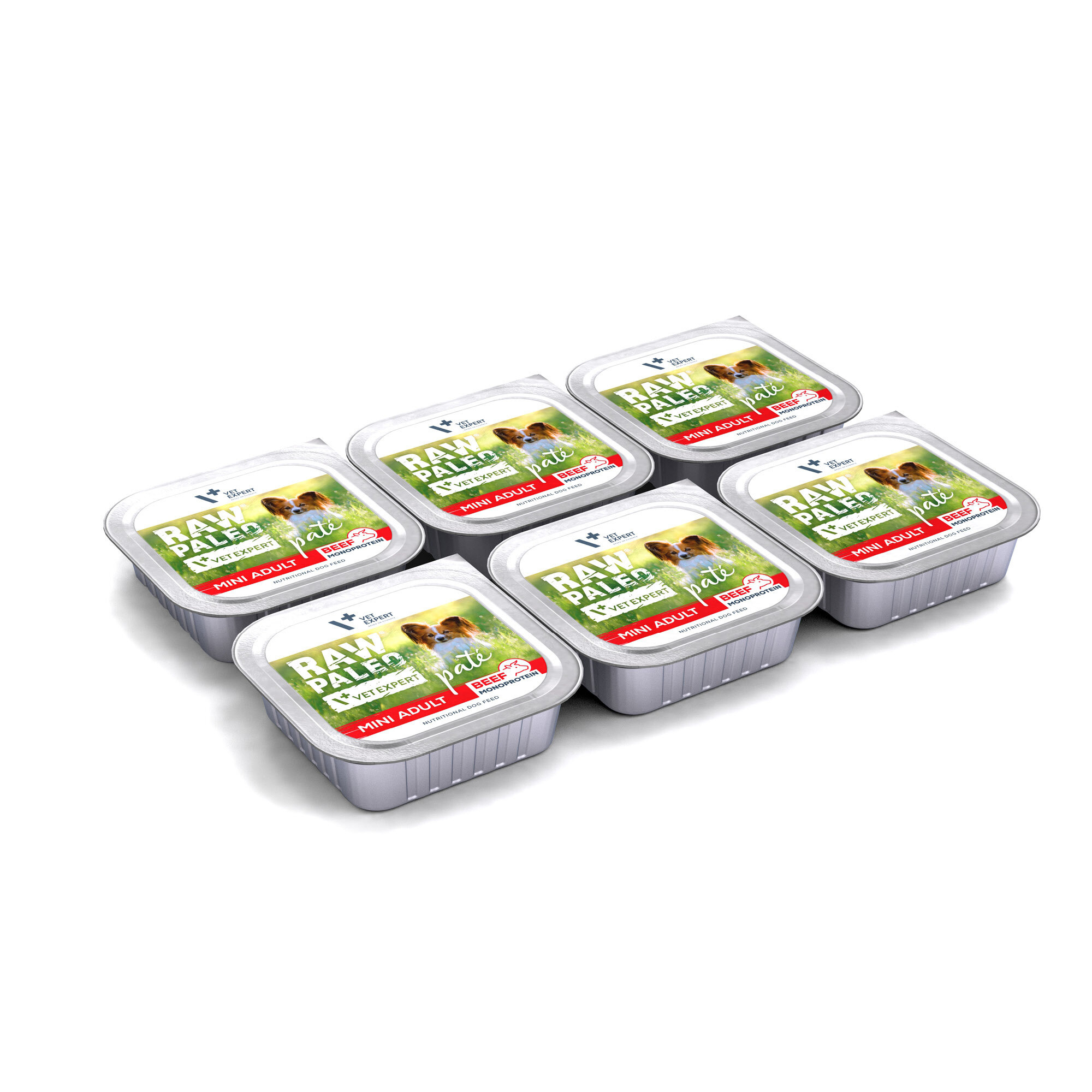 Na obrazie widoczne są sześć opakowań mokrej karmy dla psów z etykietą \'RAW PALEO VET EXPERT MINI ADULT BEEF\'.