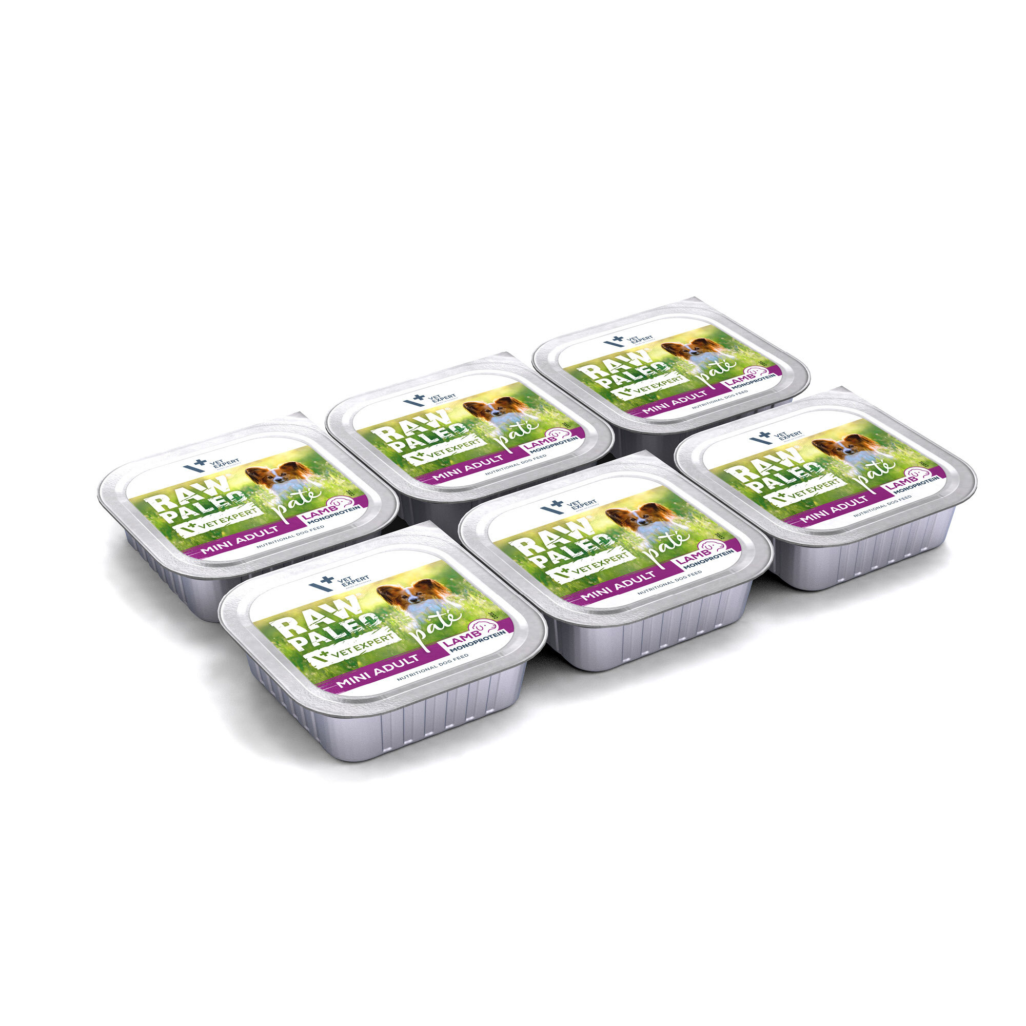 Na obrazie widoczne jest sześć opakowań mokrej karmy dla psów z etykietą \'RAW PALEO VET EXPERT MINI ADULT LAMB\'.