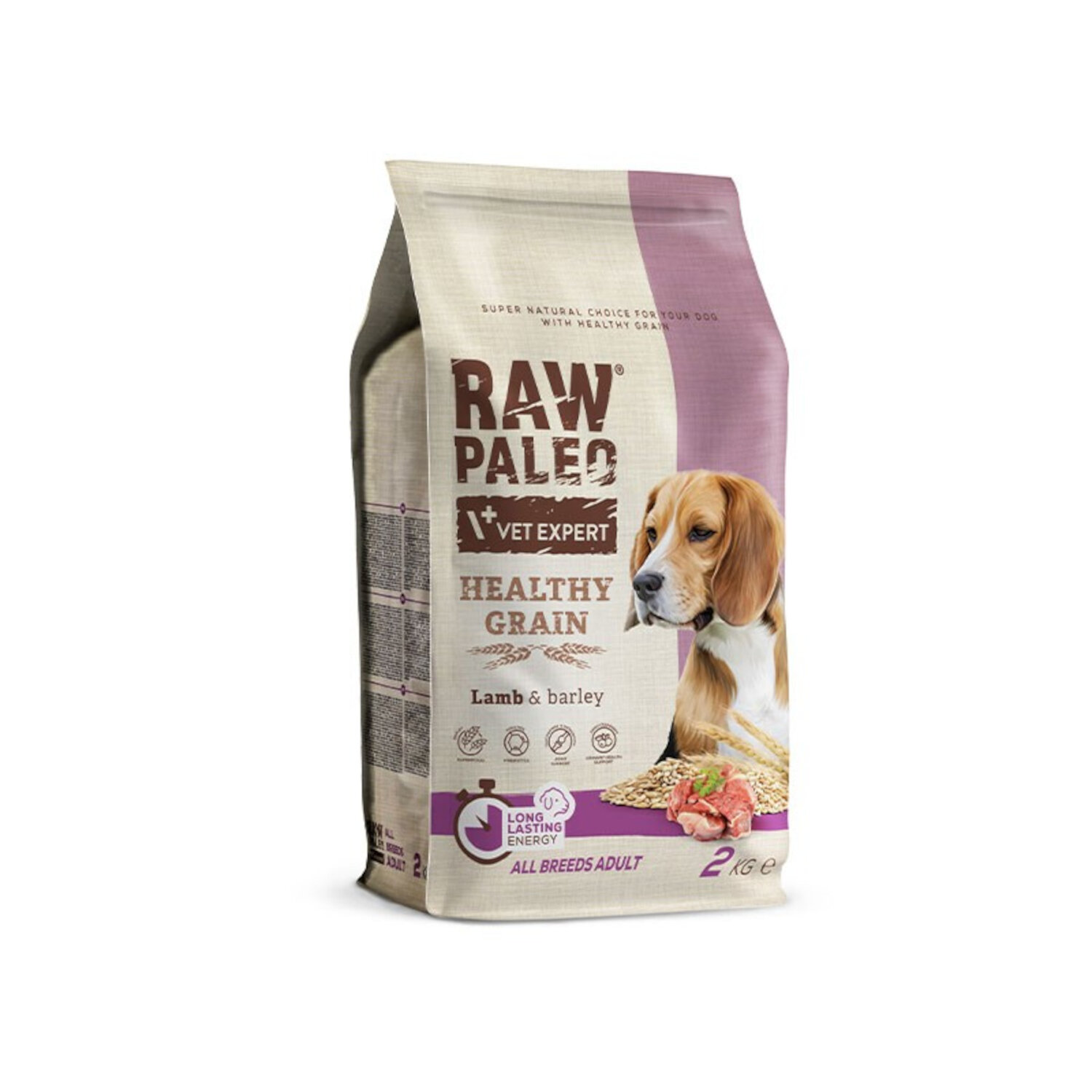 Opakowanie suchej karmy dla psów z napisem \'RAW PALEO VET EXPERT HEALTHY GRAIN Lamb & barley\'. Widoczny jest obrazek psa oraz ilustracje zboża i mięsa, a także oznaczenie \'LONG LASTING ENERGY\' i \'ALL BREEDS ADULT\'.
