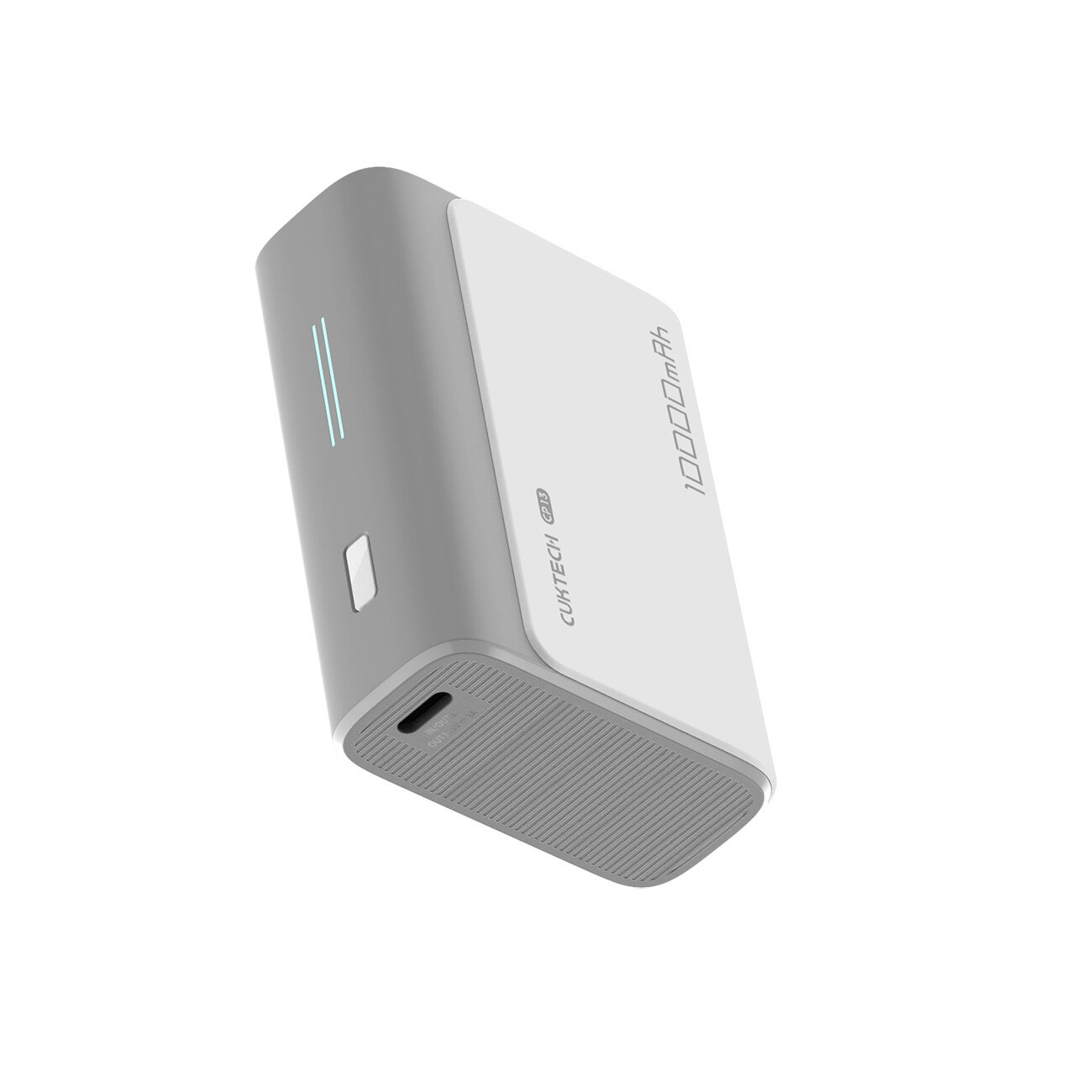 Na obrazie widoczny jest szary power bank z białym panelem, na którym znajduje się napis \'10000mAh\'. Na boku urządzenia widoczne jest logo \'CUKTECH\' oraz port USB.