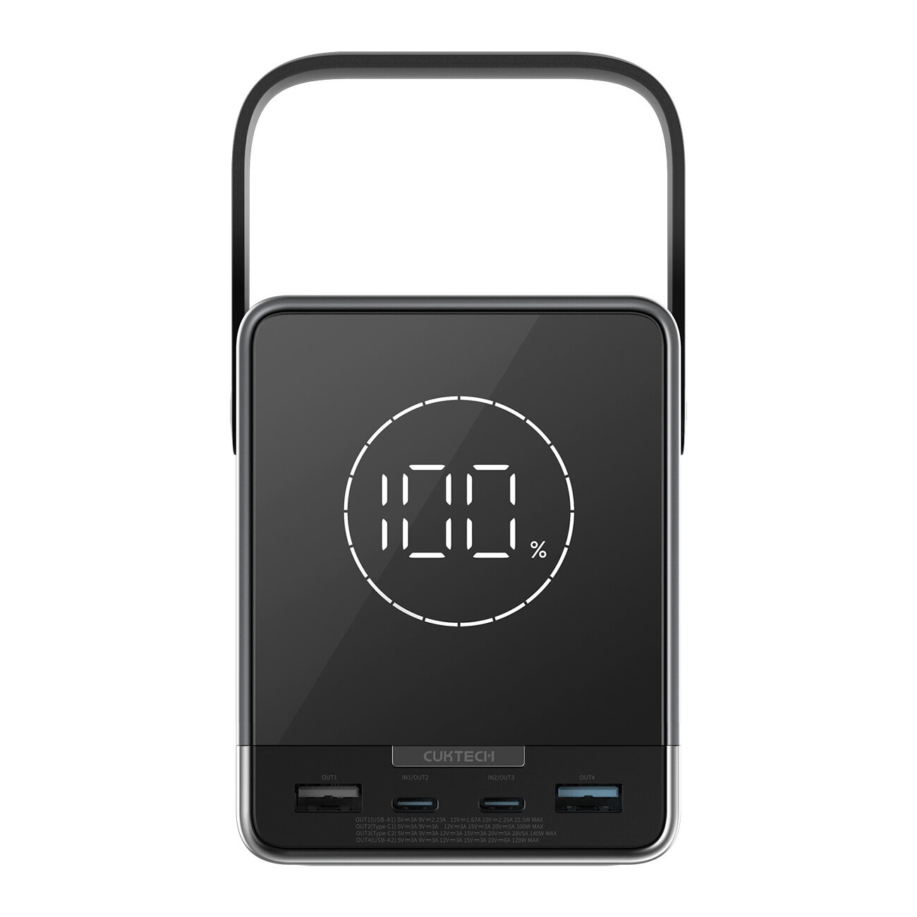 Czarny powerbank z wyświetlaczem pokazującym \'100%\' oraz czterema portami: dwoma USB-C i dwoma USB-A. Na urządzeniu widoczne jest logo \'CUKTECH\'.