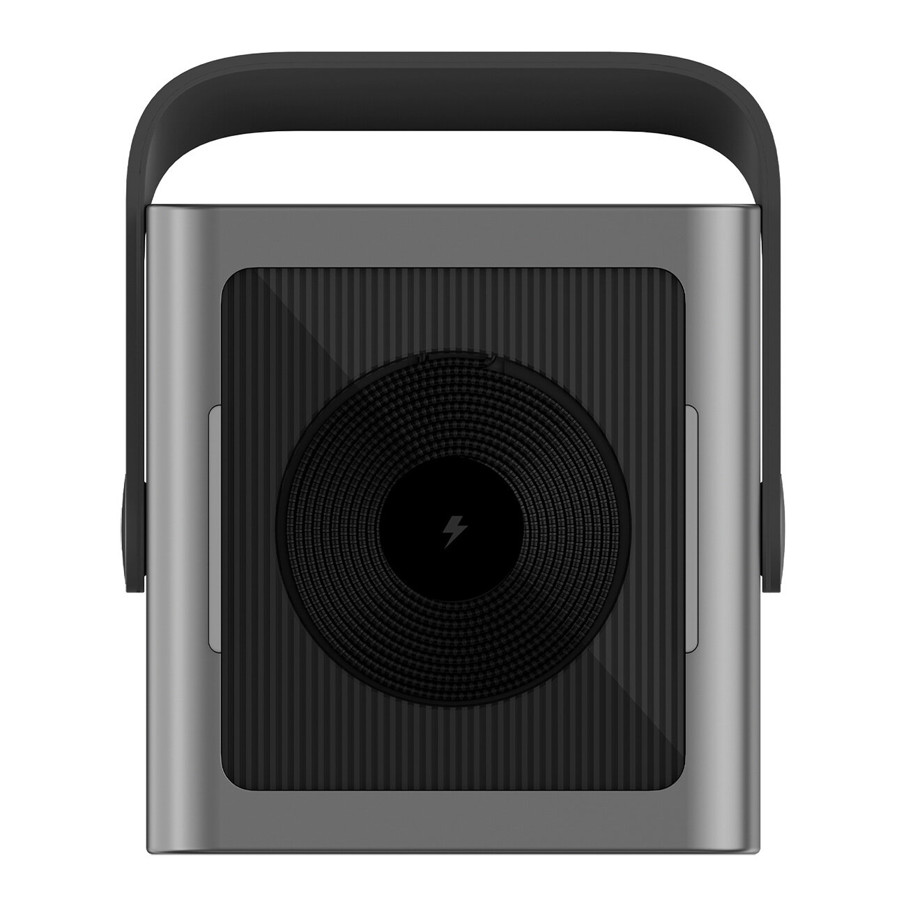 Na obrazie widoczny jest czarny powerbank z uchwytem, posiadający centralnie umieszczony okrągły element z symbolem błyskawicy. Obudowa ma metaliczny wygląd z pionowymi żłobieniami.