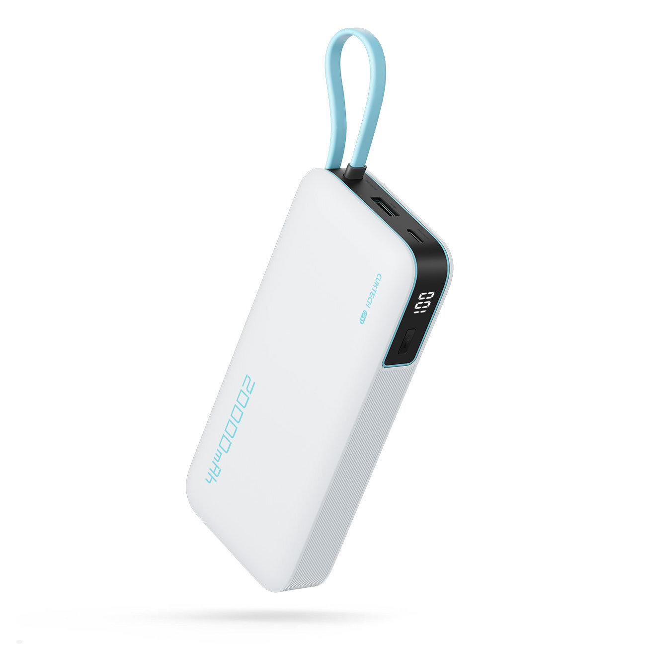 Biały powerbank z niebieskim uchwytem i wyświetlaczem pokazującym poziom naładowania. Na obudowie widoczny jest napis \'20000mAh\'.