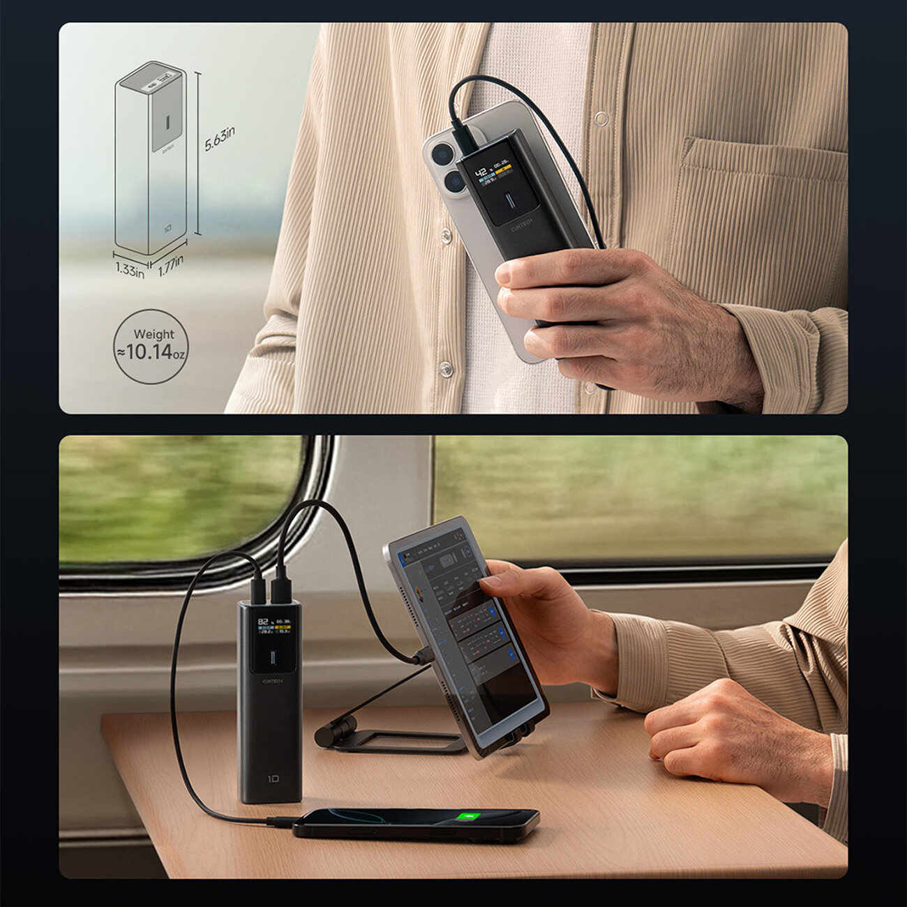 Na obrazie widać osobę trzymającą czarny powerbank z wyświetlaczem, podłączony do smartfona. Obok znajduje się schemat z wymiarami urządzenia: 6.53in x 1.33in x 1.77in oraz informacja o wadze: 10.14oz.
