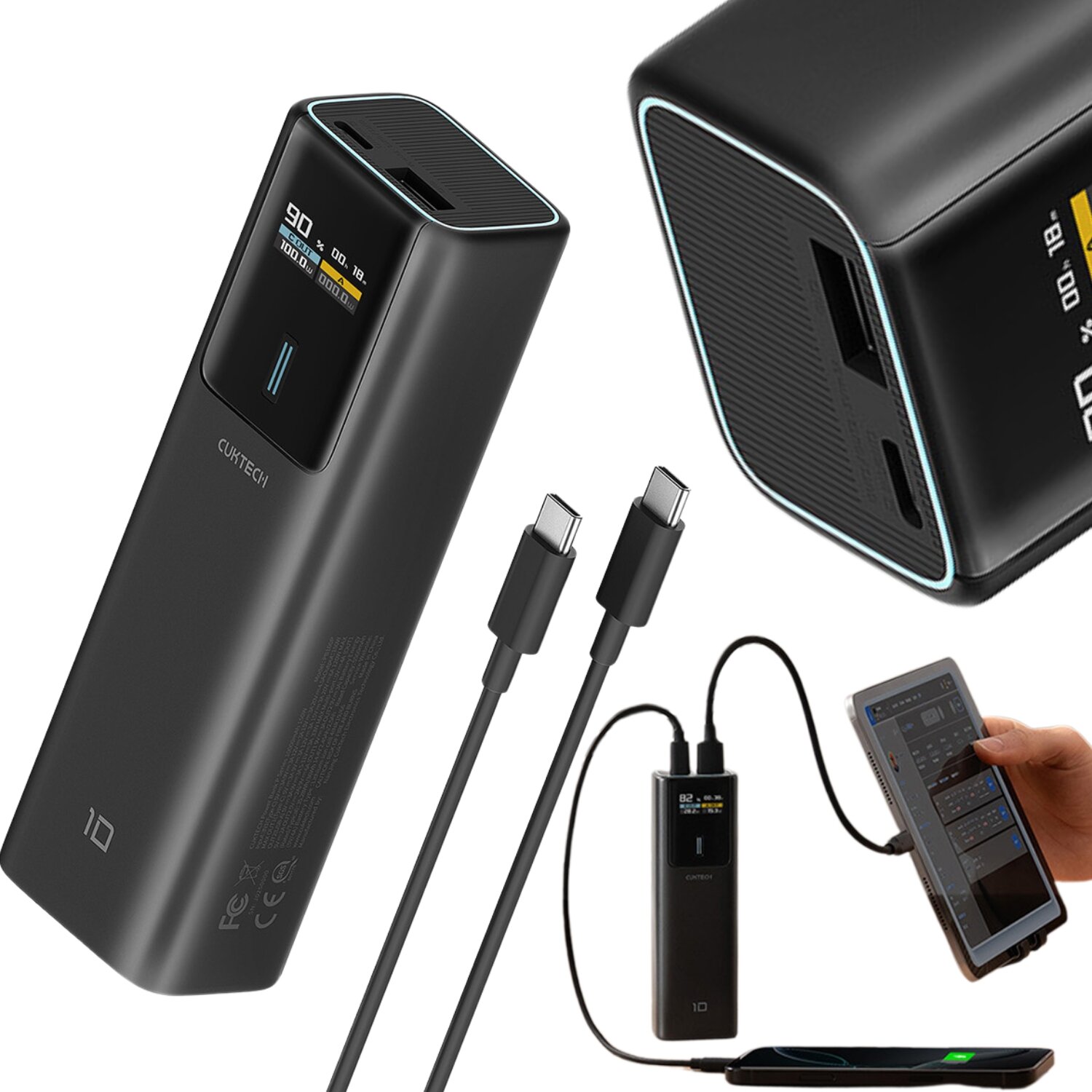 Czarny powerbank z wyświetlaczem pokazującym poziom naładowania i dwa porty USB. Obok znajdują się dwa kable USB-C oraz urządzenie podłączone do powerbanka.