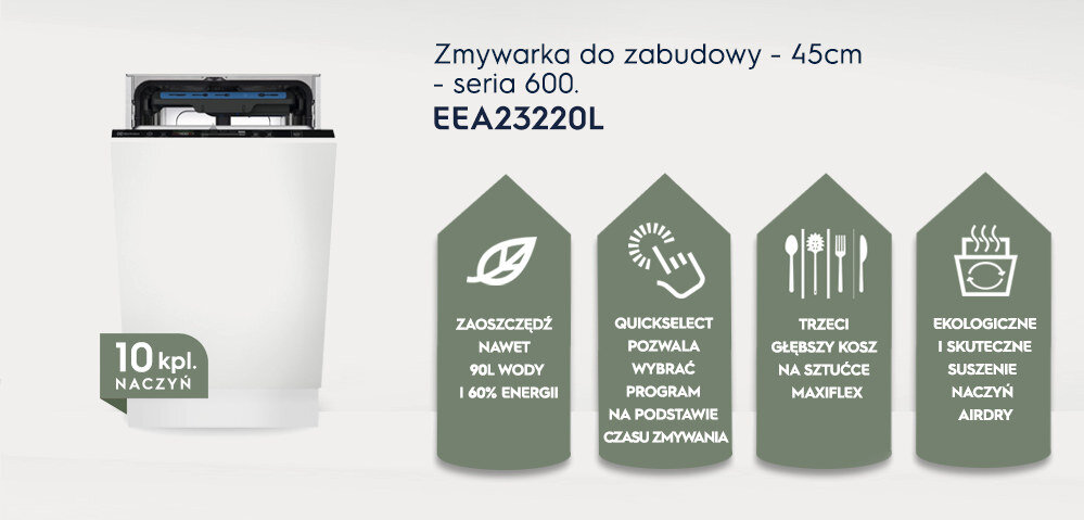 Obraz przedstawia zmywarkę do zabudowy z otwartym panelem, obok której znajdują się cztery ikony z tekstem: \'ZAOSZCZĘDŹ NAWET 90L WODY I 60% ENERGII\', \'QUICKSELECT POZWALA WYBRAĆ PROGRAM NA PODSTAWIE CZASU ZMYWANIA\', \'TRZECI GŁĘBSZY KOSZ NA SZTUĆCE MAXIFLEX\', \'EKOLOGICZNE I SKUTECZNE SUSZENIE NACZYŃ AIRDRY\'.