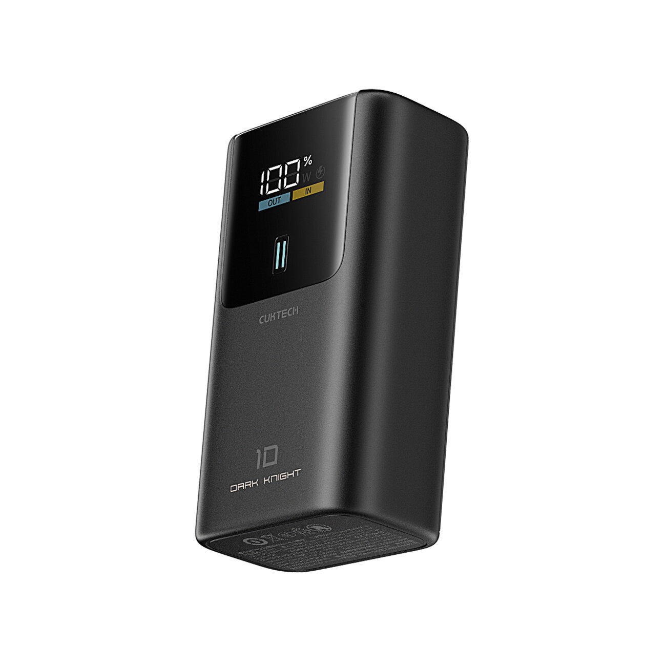 Szary powerbank z wyświetlaczem pokazującym 100% oraz oznaczeniami OUT i IN. Na obudowie widoczne są napisy \'CUKTECH\' i \'DARK KNIGHT\'.