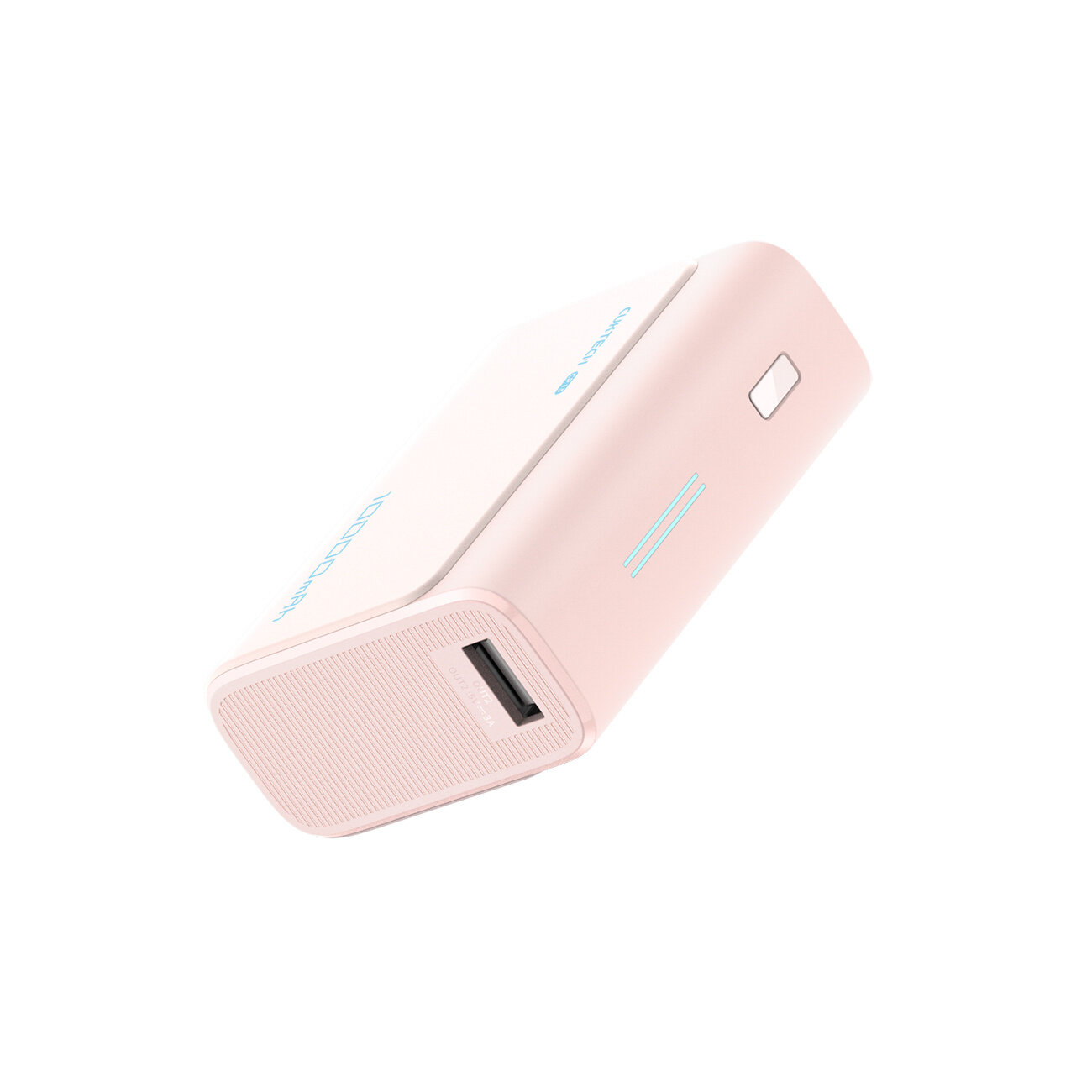 Różowy powerbank z jednym portem USB-A i przyciskiem na obudowie. Na powierzchni widoczny jest napis \'10000mAh\'.