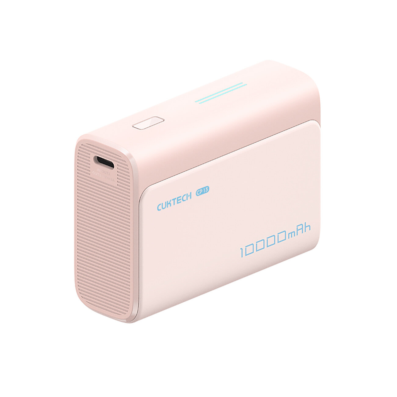 Różowy powerbank z logo CUKTECH CP13 i napisem 10000mAh. Posiada port USB-C i przycisk na górnej powierzchni.