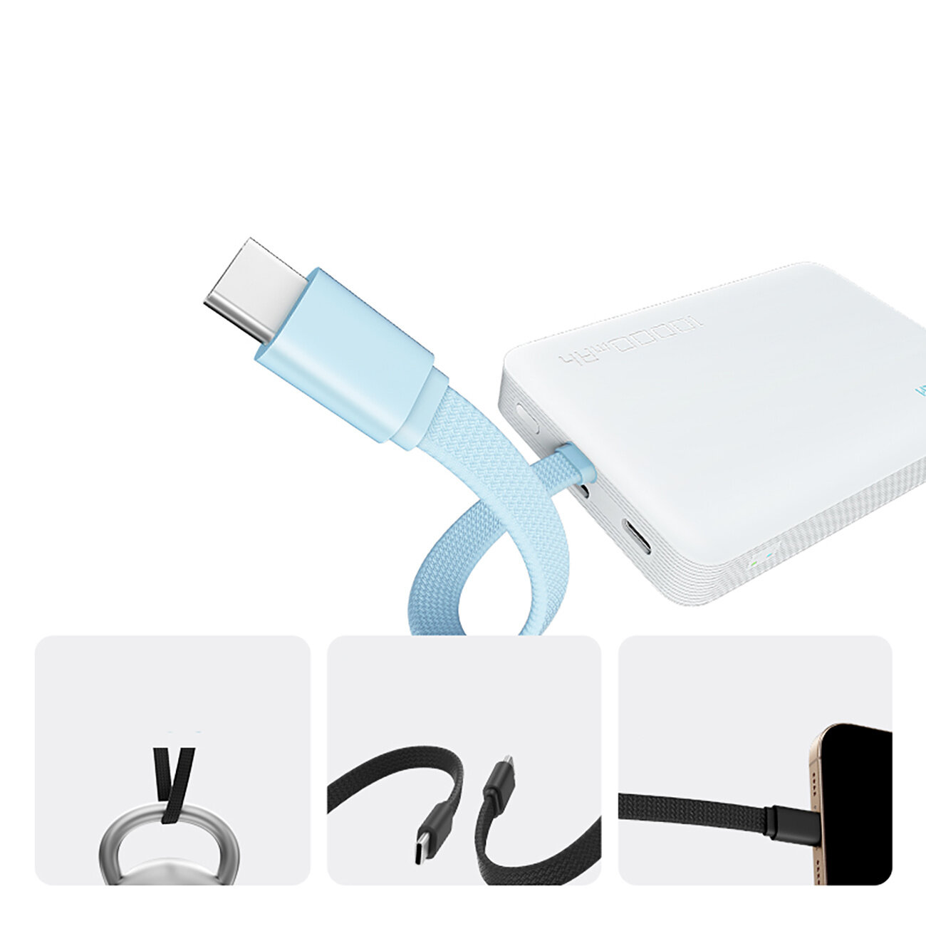 Biały powerbank z niebieskim kablem USB-C podłączonym do urządzenia. Na dole widoczne są trzy małe zdjęcia przedstawiające różne sposoby użycia kabla.