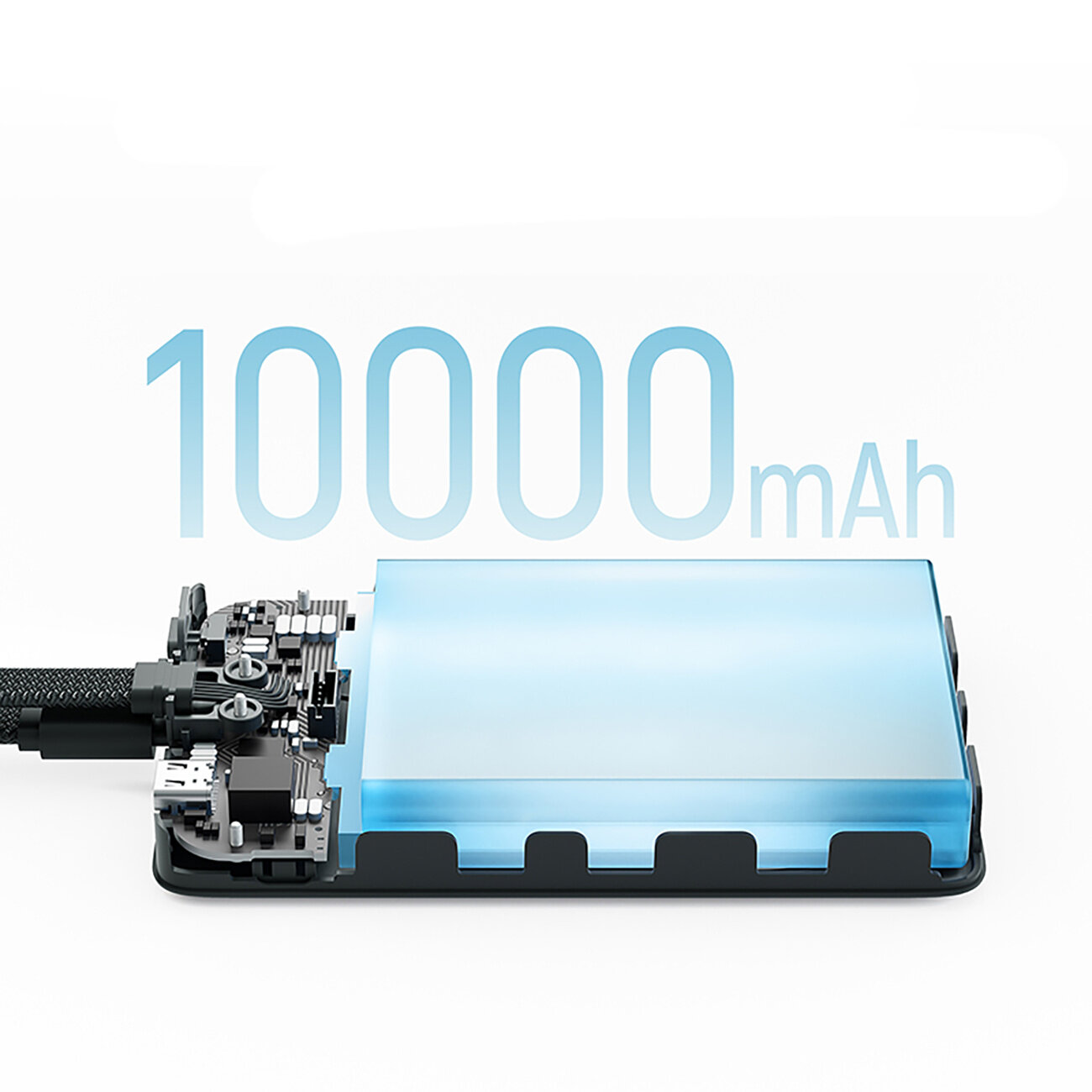 Obraz przedstawia wnętrze powerbanku z widocznymi elementami elektronicznymi i baterią. Na obrazie znajduje się tekst \'10000 mAh\'.