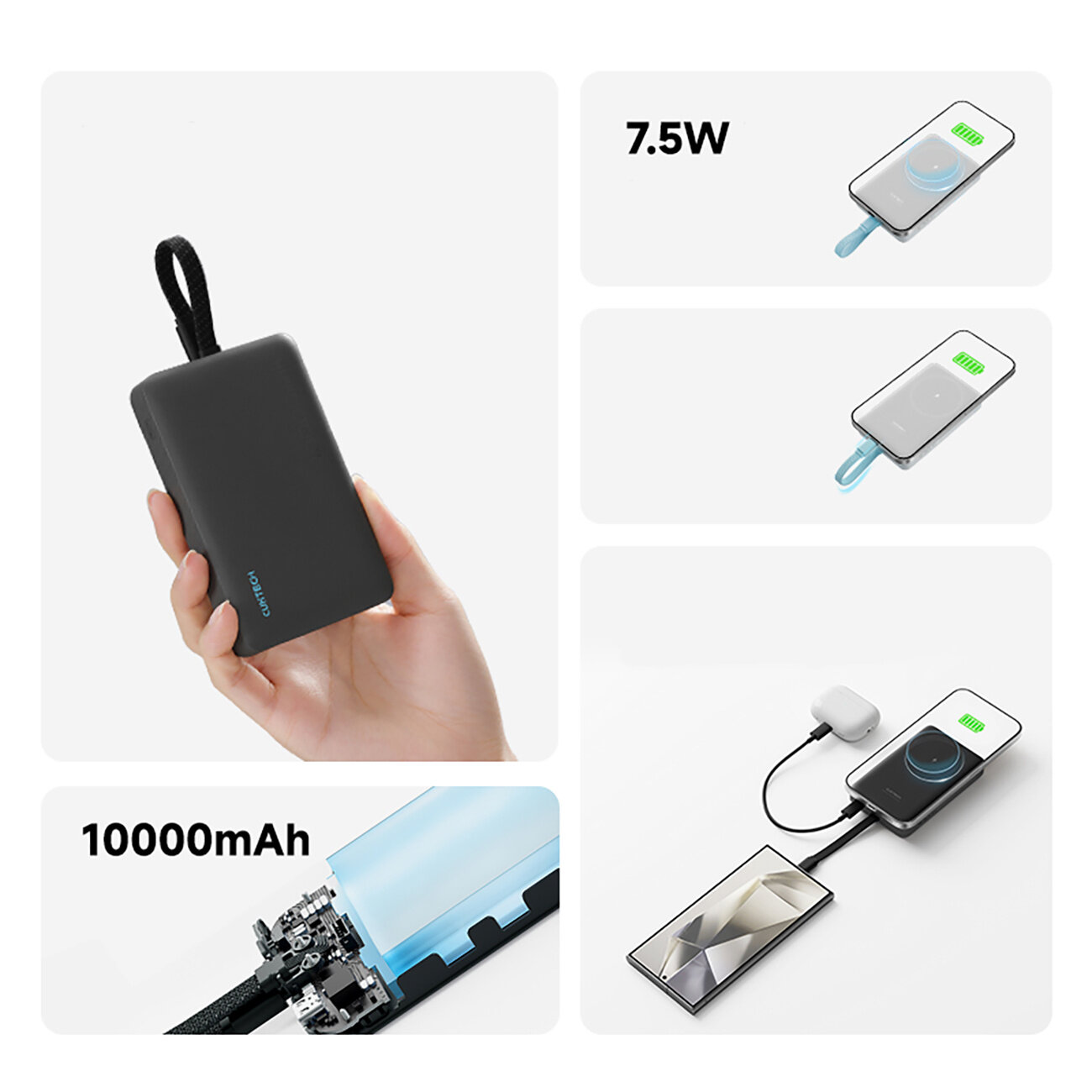 Na obrazie widać czarny powerbank trzymany w dłoni z napisem \'Cuktech\'. Obok znajdują się ilustracje przedstawiające jego funkcje, w tym ładowanie bezprzewodowe 7.5W i pojemność 10000mAh.