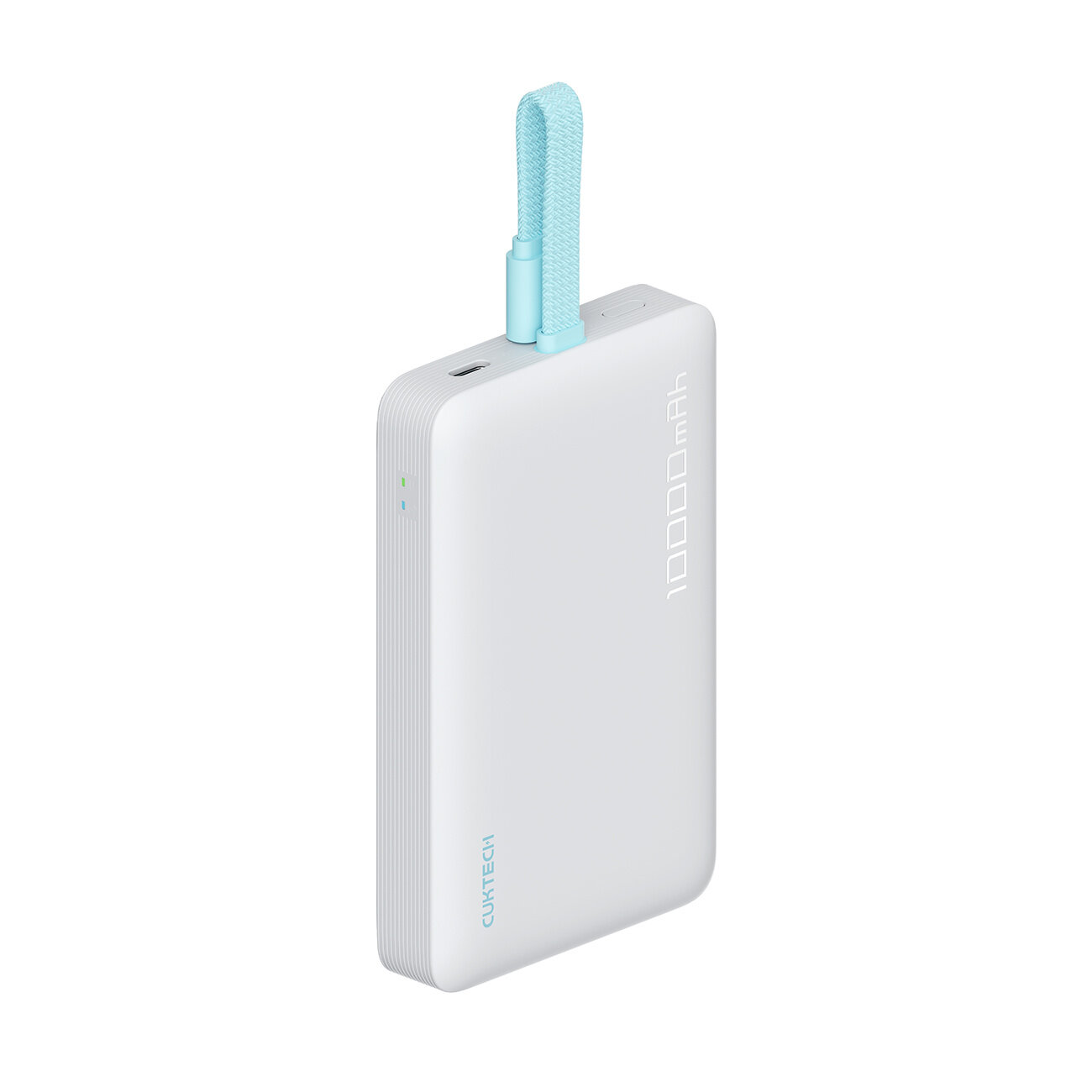 Biały powerbank z niebieskim paskiem, z widocznym napisem \'10000 mAh\' oraz logo \'CUKTECH\'.