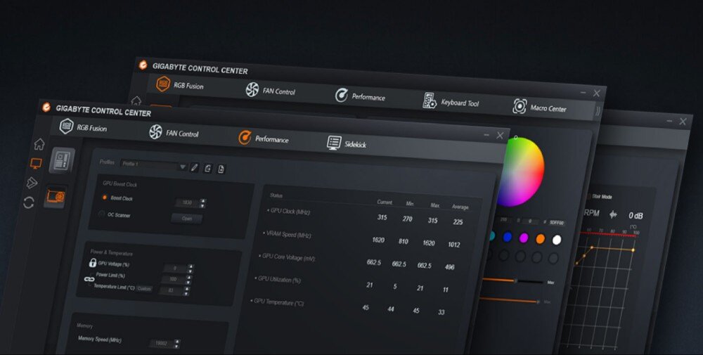 Na obrazie widoczne są trzy nakładające się okna programu GIGABYTE CONTROL CENTER z zakładkami takimi jak RGB Fusion, FAN Control, Performance i Sidekick. W oknach znajdują się różne ustawienia i wykresy dotyczące parametrów sprzętowych, takich jak taktowanie GPU, napięcie i temperatura.