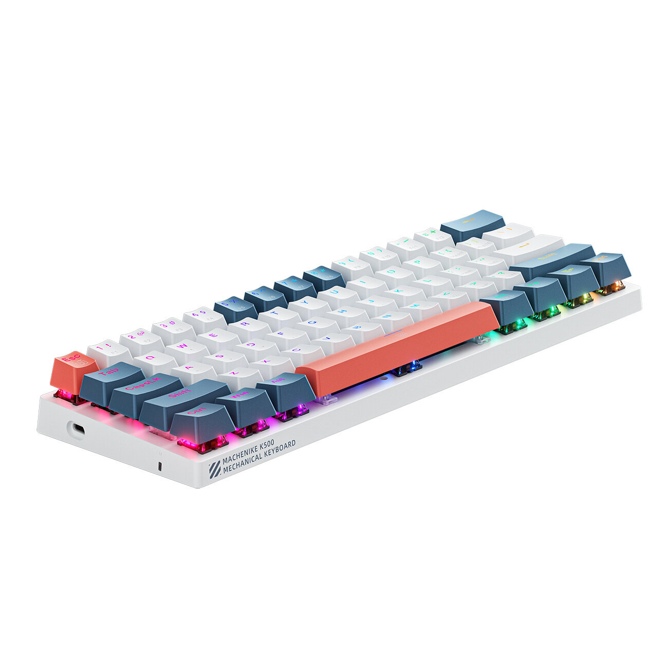 Klawiatura mechaniczna z białymi i niebieskimi klawiszami oraz podświetleniem RGB. Na obudowie widoczny jest napis \'Machenike K500 Mechanical Keyboard\'.