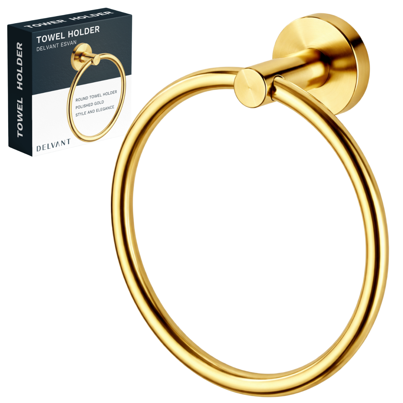 Złoty, okrągły wieszak łazienkowy na ręczniki z połyskiem, zamontowany na ścianie. Obok znajduje się pudełko z napisem: \'Towel Holder Delvant Esvan\', \'Round Towel Holder\', \'Polished Gold\', \'Style and Elegance\'.