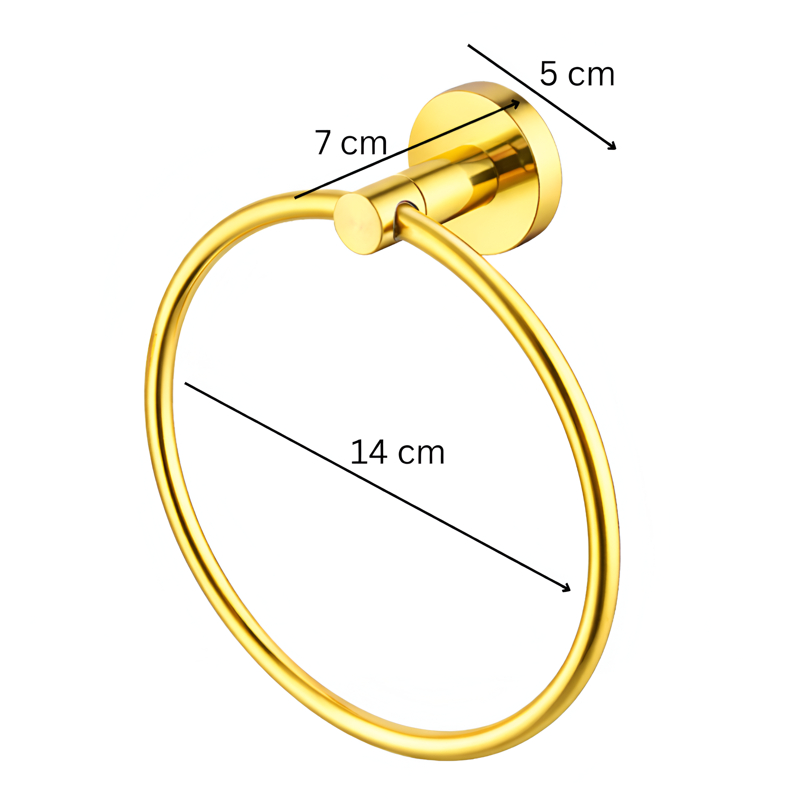 Okrągły, złoty wieszak łazienkowy na ręczniki z uchwytem ściennym. Widoczne wymiary: 5 cm, 7 cm, 14 cm.