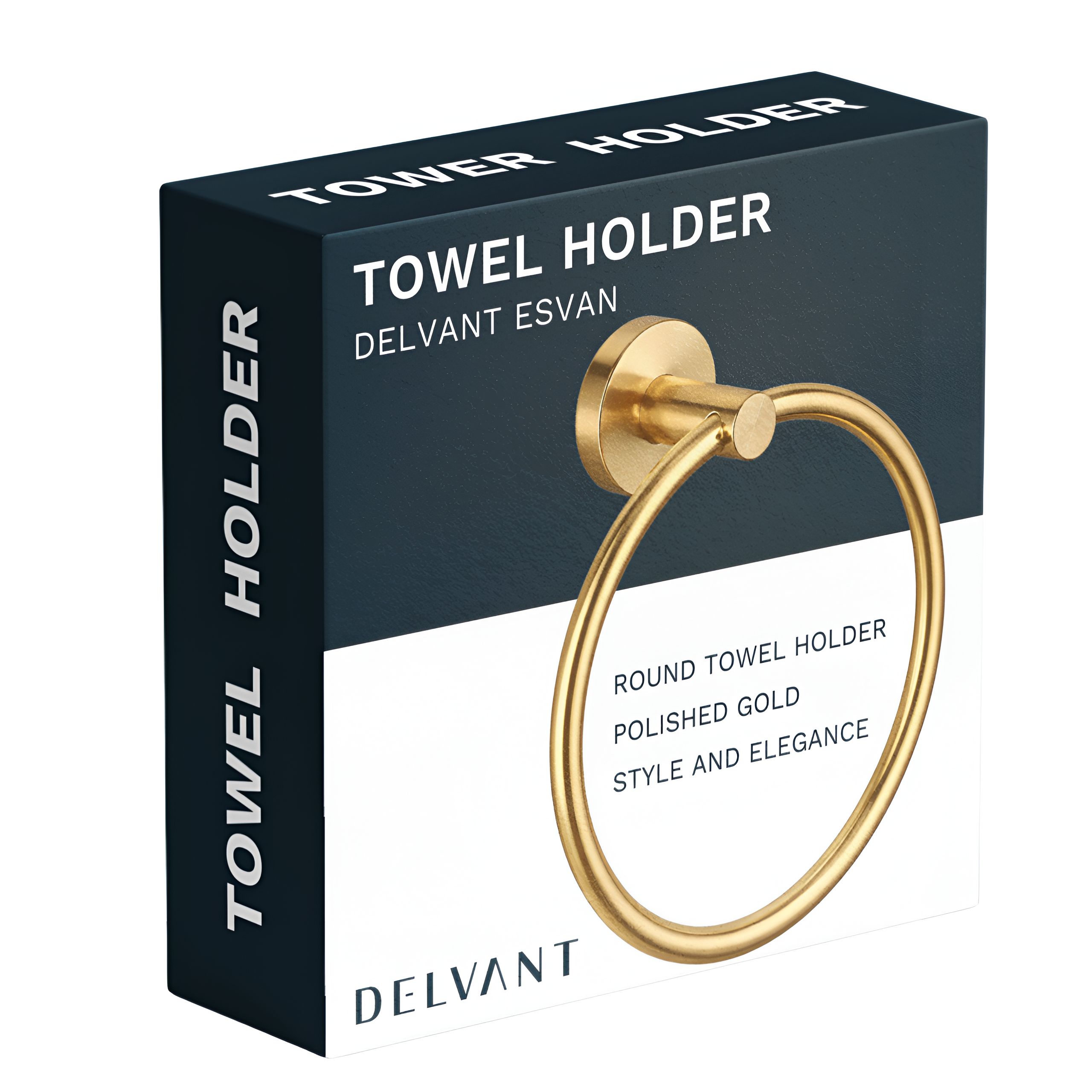 Opakowanie produktu z napisem \'TOWEL HOLDER DELVANT ESVAN\'. Widoczny jest złoty, okrągły uchwyt na ręczniki oraz tekst \'ROUND TOWEL HOLDER POLISHED GOLD STYLE AND ELEGANCE\'.