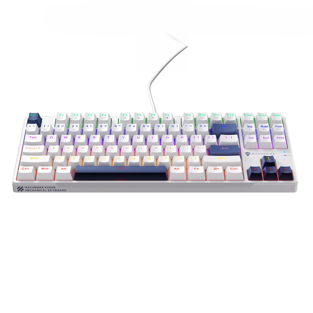 Biała klawiatura mechaniczna z podświetlanymi klawiszami, posiadająca oznaczenia takie jak \'Machenike K500B Mechanical Keyboard\'.