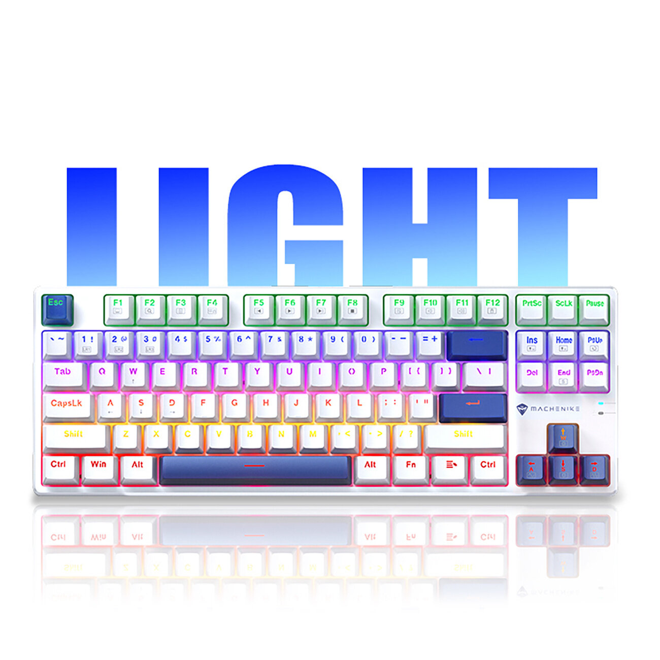 Biała klawiatura mechaniczna z podświetleniem RGB, z widocznymi klawiszami funkcyjnymi i literowymi. W tle duży napis \'LIGHT\' w kolorze niebieskim, a na klawiaturze logo \'MACHENIKE\'.