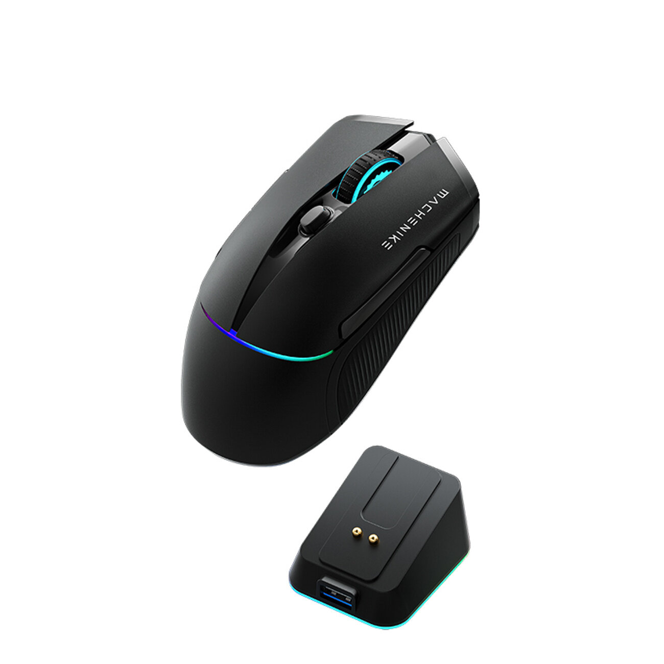 Czarna mysz gamingowa z podświetleniem RGB i napisem \'MACHENIKE\' na górze. Obok znajduje się stacja dokująca z portem USB i dwoma złotymi pinami.