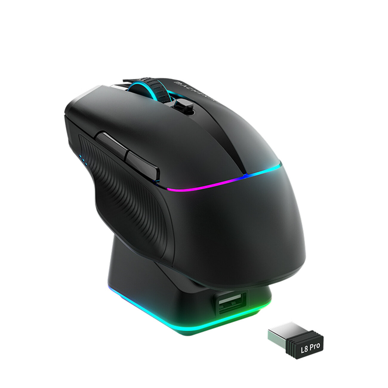 Czarna mysz gamingowa z podświetleniem RGB na podstawce, obok znajduje się mały adapter z napisem \'L8 Pro\'.