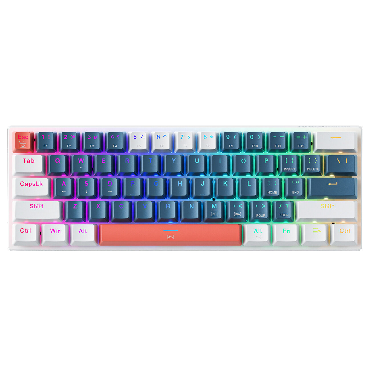 Klawiatura mechaniczna z podświetleniem RGB, posiada klawisze w kolorach niebieskim, białym i pomarańczowym. Widoczne klawisze to m.in. Esc, Tab, CapsLk, Shift, Ctrl, Alt, Fn oraz klawisze numeryczne od 1 do 0.