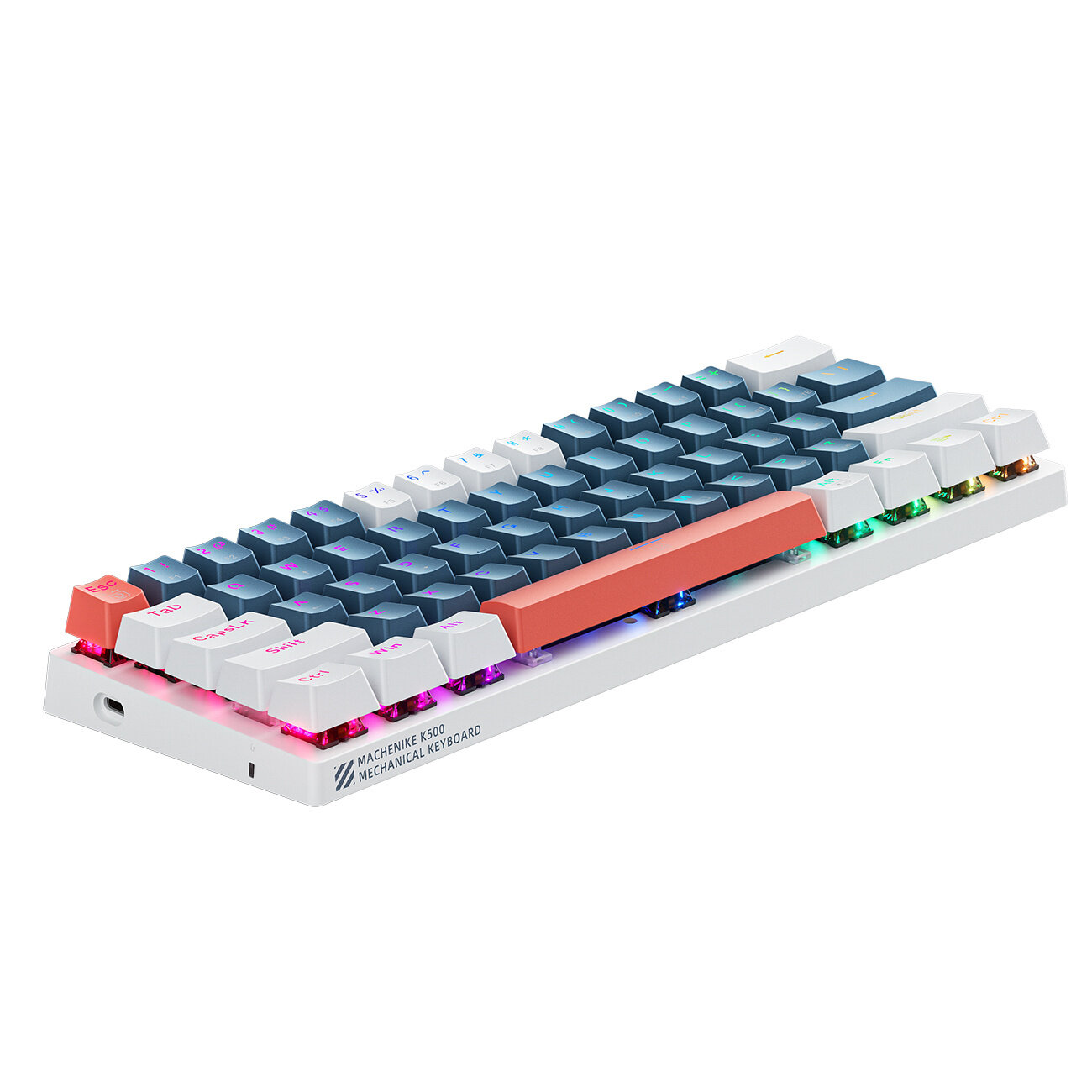 Klawiatura mechaniczna z niebieskimi i białymi klawiszami oraz czerwonym klawiszem spacji, posiada podświetlenie RGB. Na obudowie widoczny jest napis \'Machenike K500 Mechanical Keyboard\'.