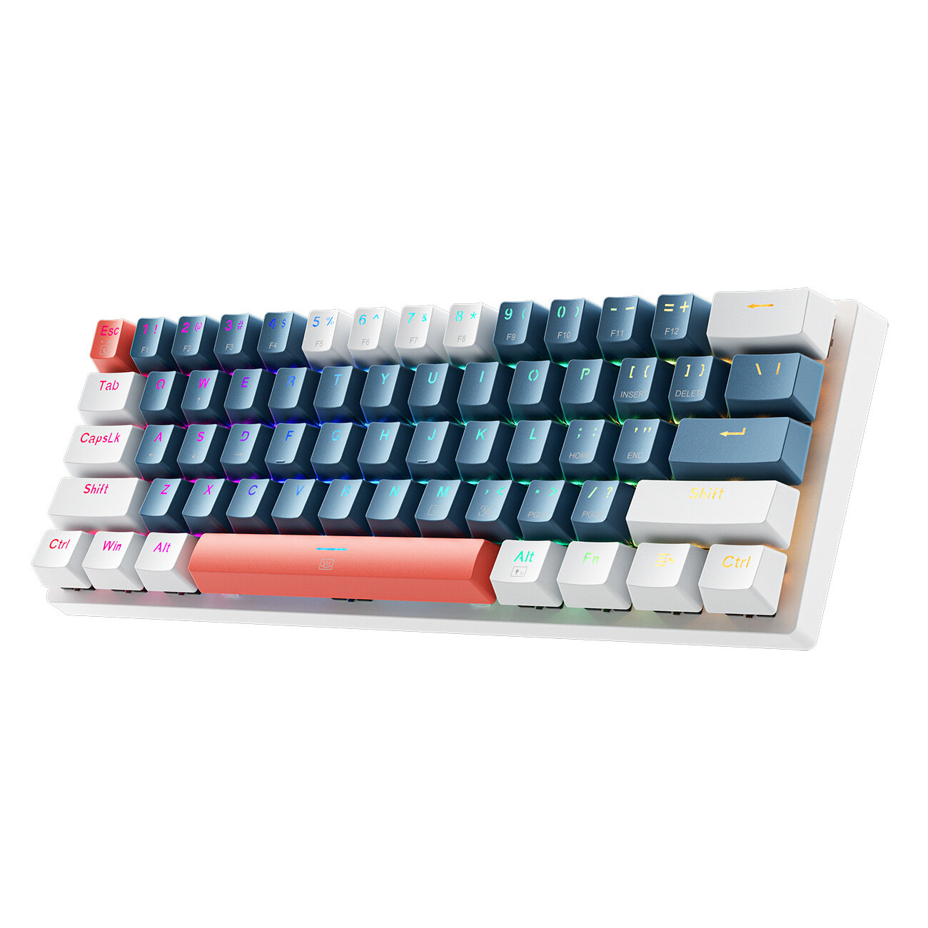 Klawiatura mechaniczna z kolorowymi klawiszami, w tym niebieskimi, białymi i różowymi. Klawisze mają podświetlenie RGB i widoczne są napisy takie jak \'Esc\', \'Tab\', \'Shift\', \'Ctrl\'.