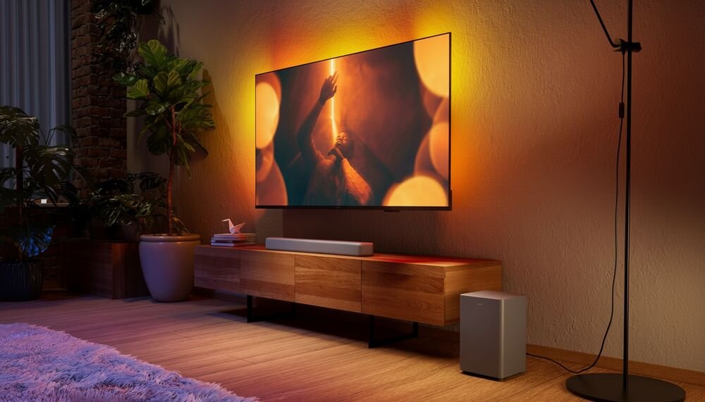 Soundbar PHILIPS TAB5601/10 dźwięk do filmów muzyki i gier, soundbar stojący na komodzie w pomieszczeniu