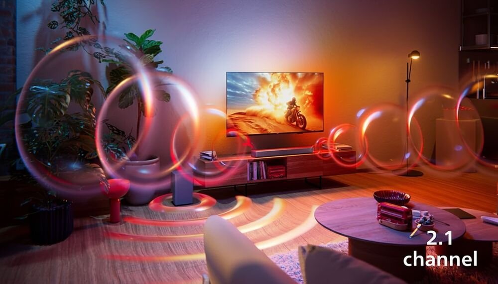 Soundbar PHILIPS TAB5601/10 kanały 2.1 maksymalna moc 290 W, soundbar stojący na komodzie w pomieszczeniu