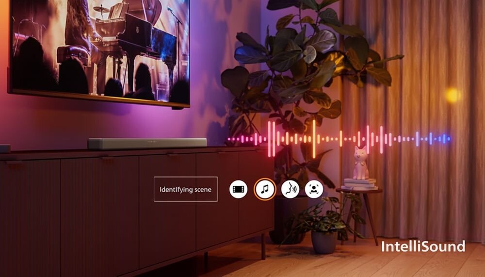 Soundbar PHILIPS TAB5601/10 technologia Intellisound automatyczna zmiana trybu dźwięku, soundbar stojący na komodzie w pomieszczeniu