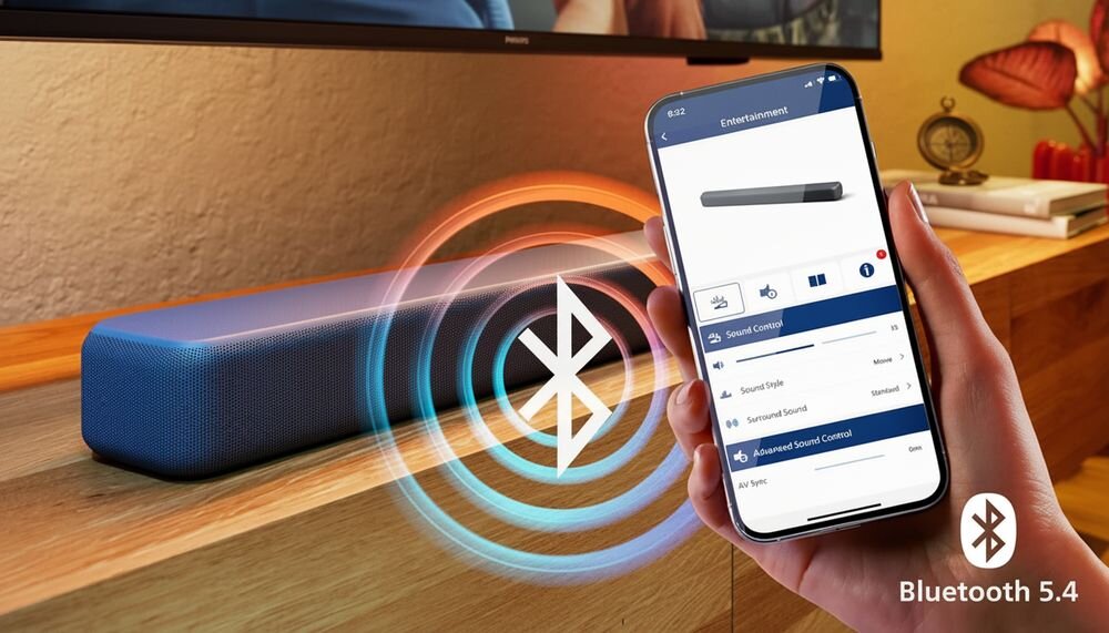 Soundbar PHILIPS TAB5601/10 Bluetooth LE 5.4 bezprzewodowe przesyłanie dźwięku, soundbar stojący na komodzie w pomieszczeniu