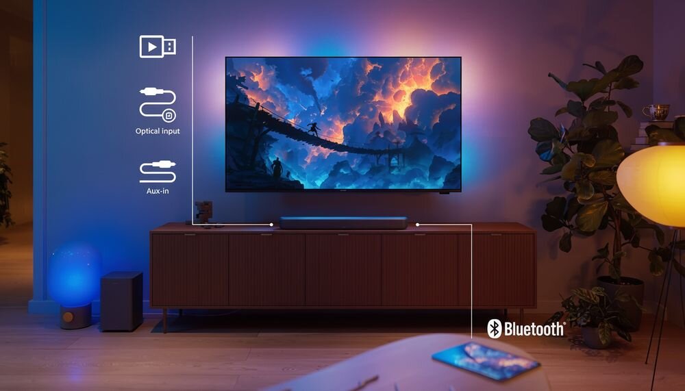 Soundbar PHILIPS TAB5601/10 HDMI ARC USB Audio-in wejście optyczne, soundbar stojący na komodzie w pomieszczeniu
