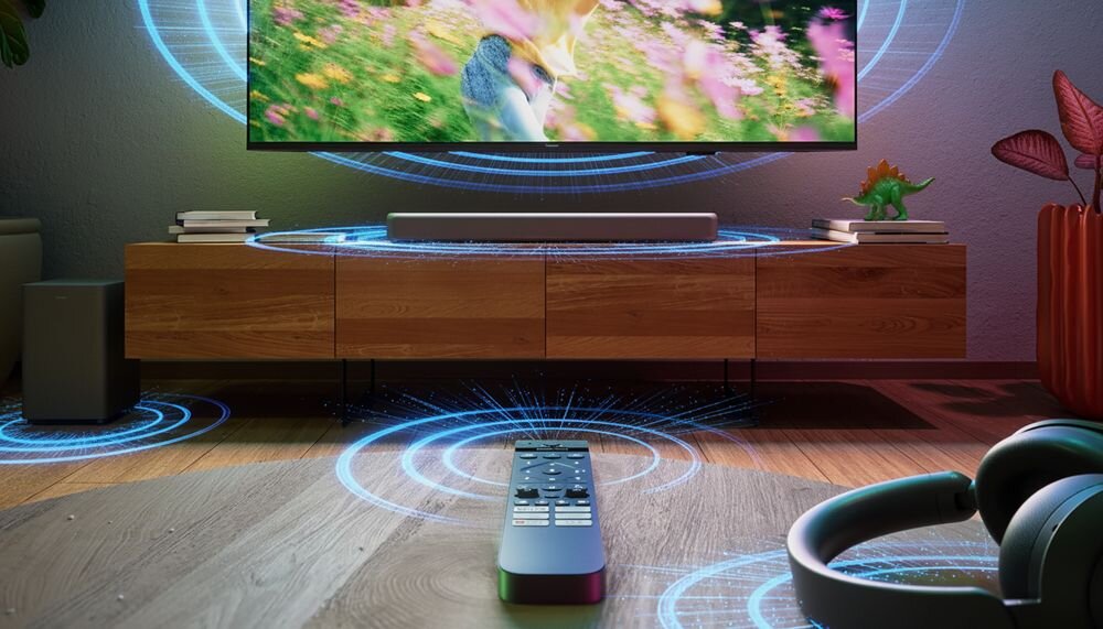 Soundbar PHILIPS TAB5601/10 Philips EasyLink 3.0 sterowanie pilotem, soundbar stojący na komodzie w pomieszczeniu