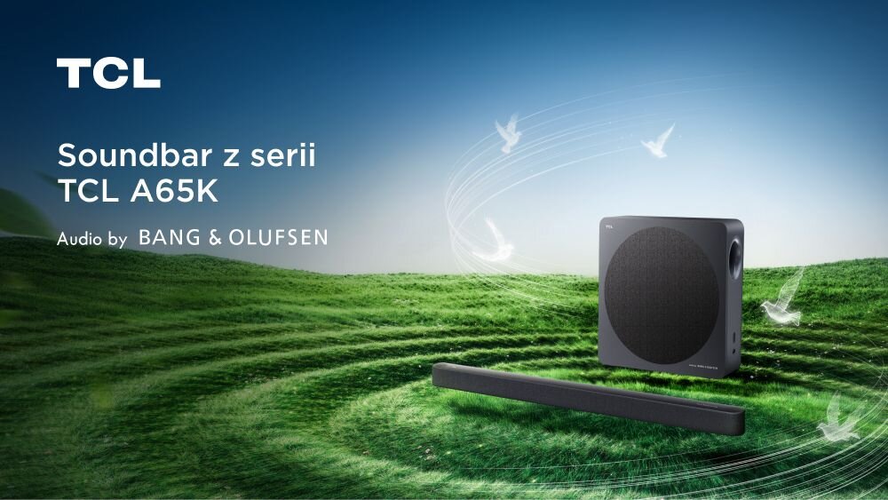 Soundbar TCL A65K kinowe brzmienie Dolby Atmos DTS:X, Soundbar z subwooferem na tle zielonej polany, z otaczającymi je białymi sylwetkami ptaków i smugami dźwiękowymi