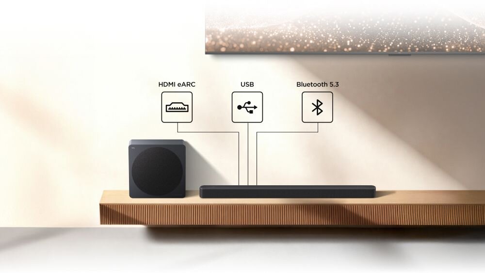 Soundbar TCL A65K HDMI eARC Bluetooth 5.3 USB korektor 12-pasmowy synchronizacja AV, Ikony HDMI (High-Definition Multimedia Interface) eARC (enhanced Audio Return Channel), USB (Universal Serial Bus), Bluetooth