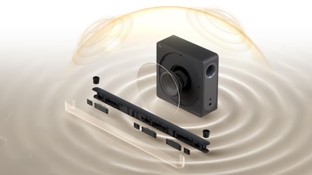 Soundbar TCL A65K konfiguracja 3.1.2 9 przetworników dialogi muzyka dźwięk przestrzenny, Przekrój konstrukcji soundbara oraz subwoofera pokazujący rozmieszczenie głośników pod półprzezroczystą kopułą