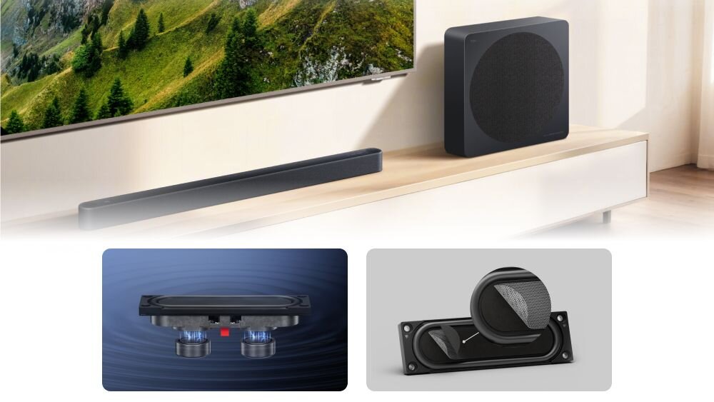 Soundbar TCL A65K podwójny obwód magnetyczny membrana plaster miodu wysoka głośność, Soundbar i subwoofer na szafce z dwoma schematami przetworników zrobionymi w zbliżeniu na dole