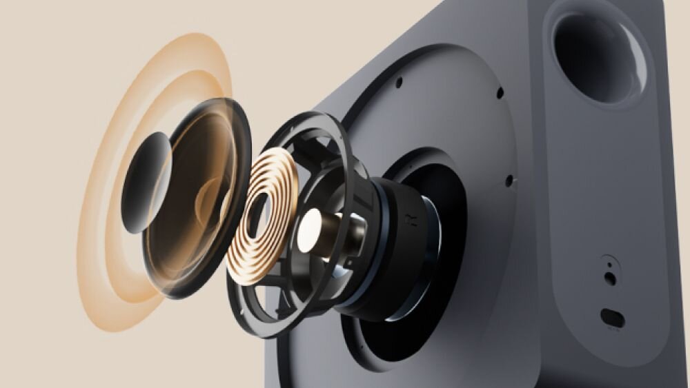 Soundbar TCL A65K bezprzewodowy subwoofer 6,5 cala bas do 40 Hz, Przekrój boczny głowicy głośnika nisko-tonowego z nakreślonymi wokół falami dźwiękowymi