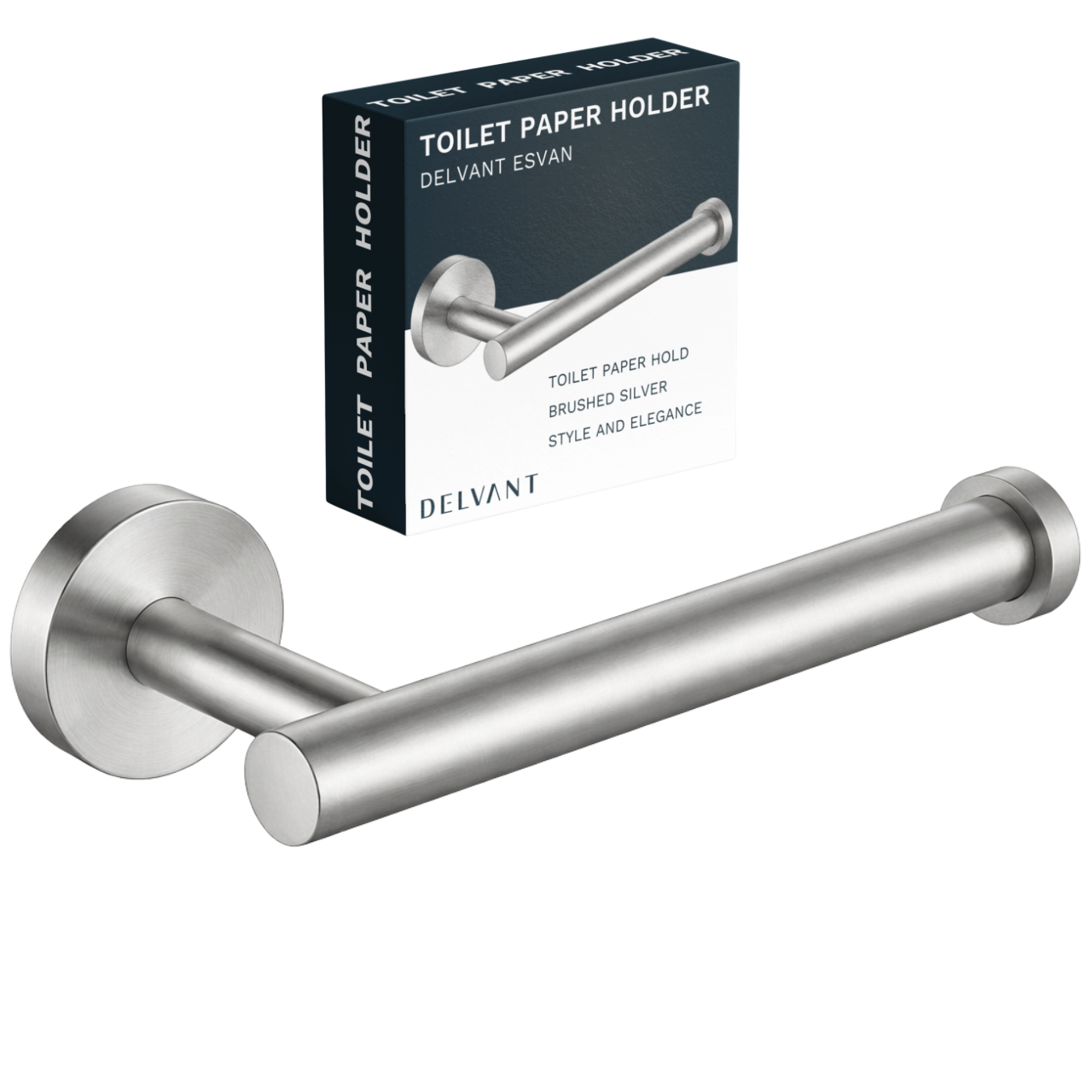 Na obrazie widoczny jest metalowy uchwyt na papier toaletowy w kolorze srebrnym oraz opakowanie z napisem \'TOILET PAPER HOLDER DELVANT ESVAN\'.