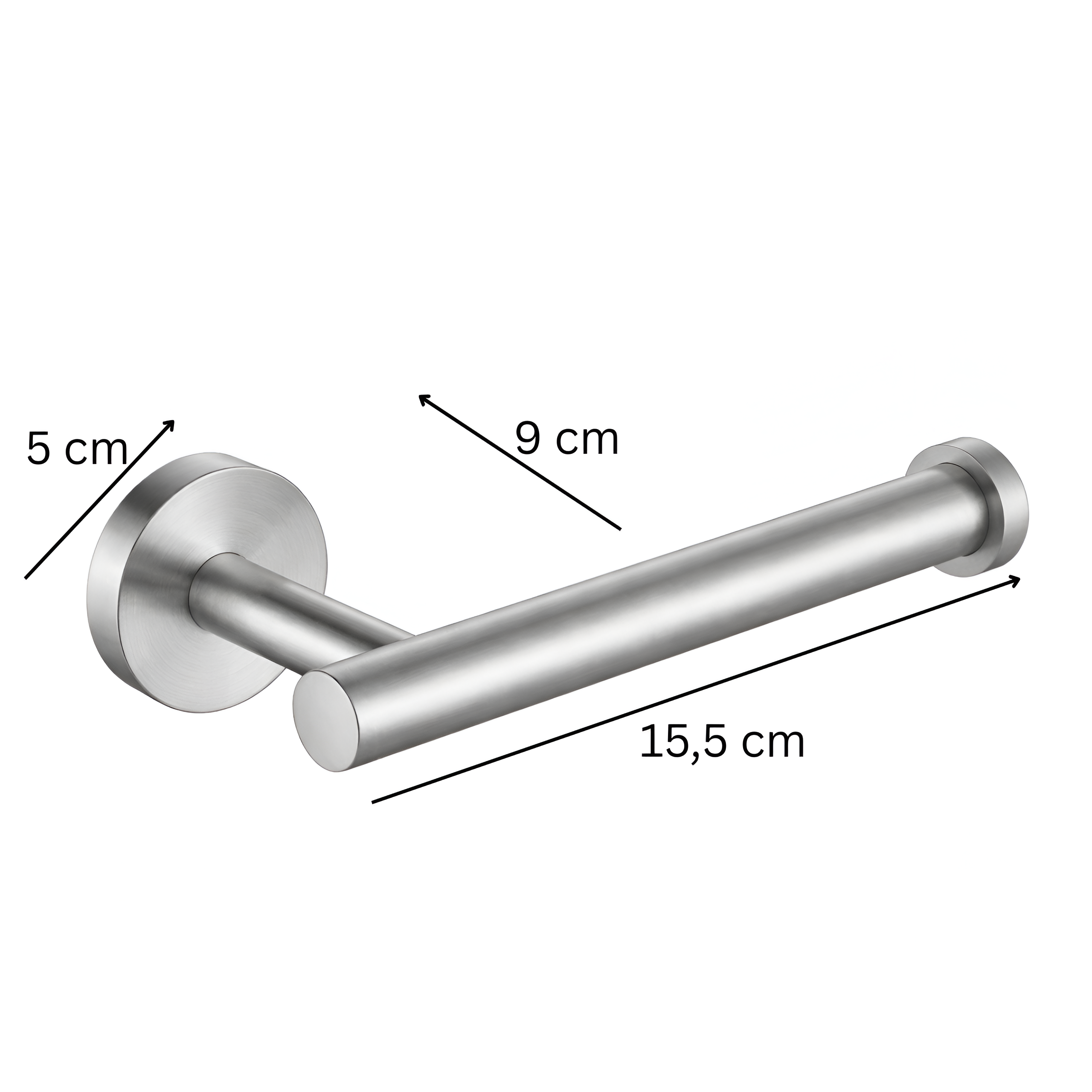 Srebrny metalowy uchwyt na papier toaletowy z wymiarami: 5 cm, 9 cm i 15,5 cm.