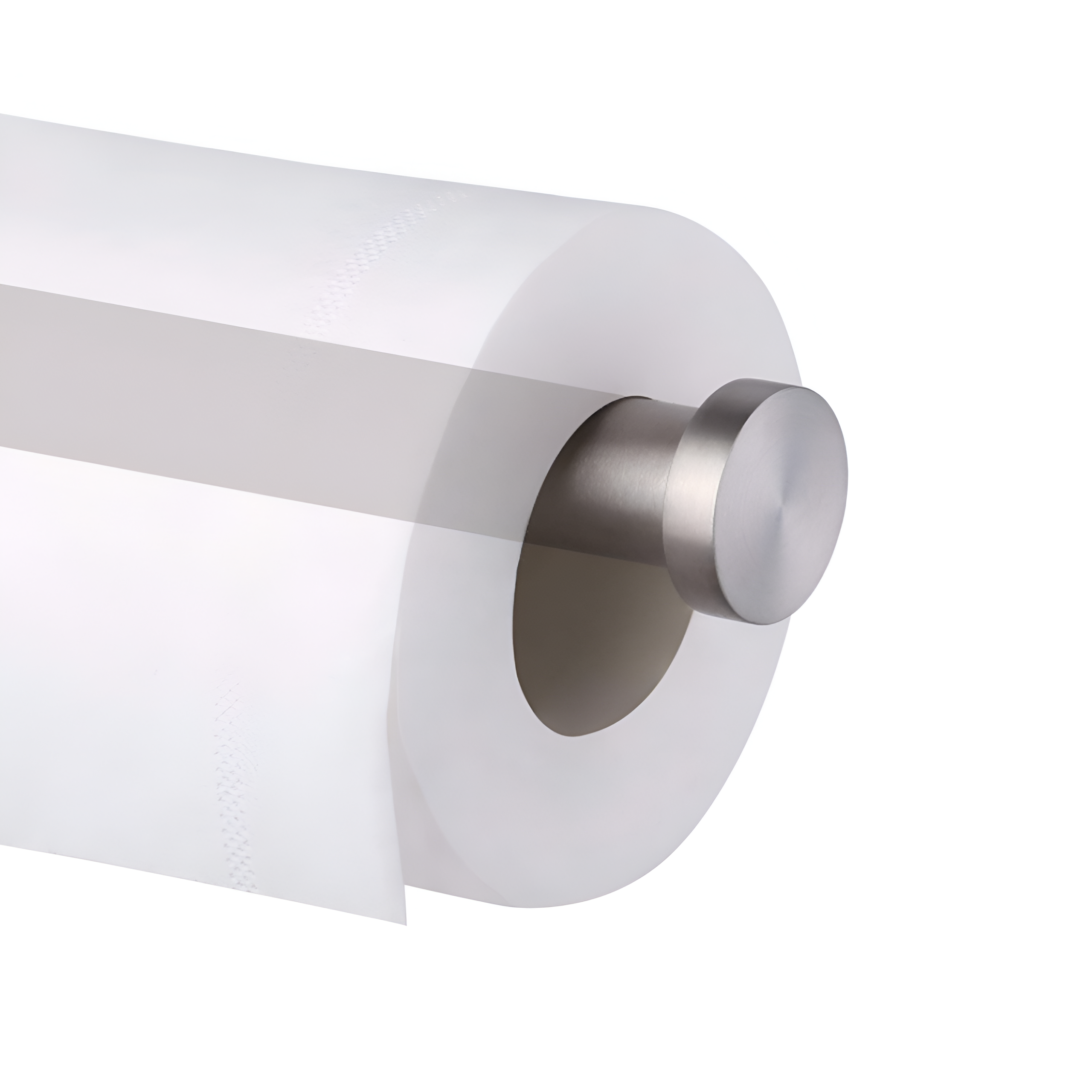 Srebrny metalowy uchwyt na papier toaletowy z zamocowaną rolką papieru. Uchwyt ma prosty, nowoczesny design.