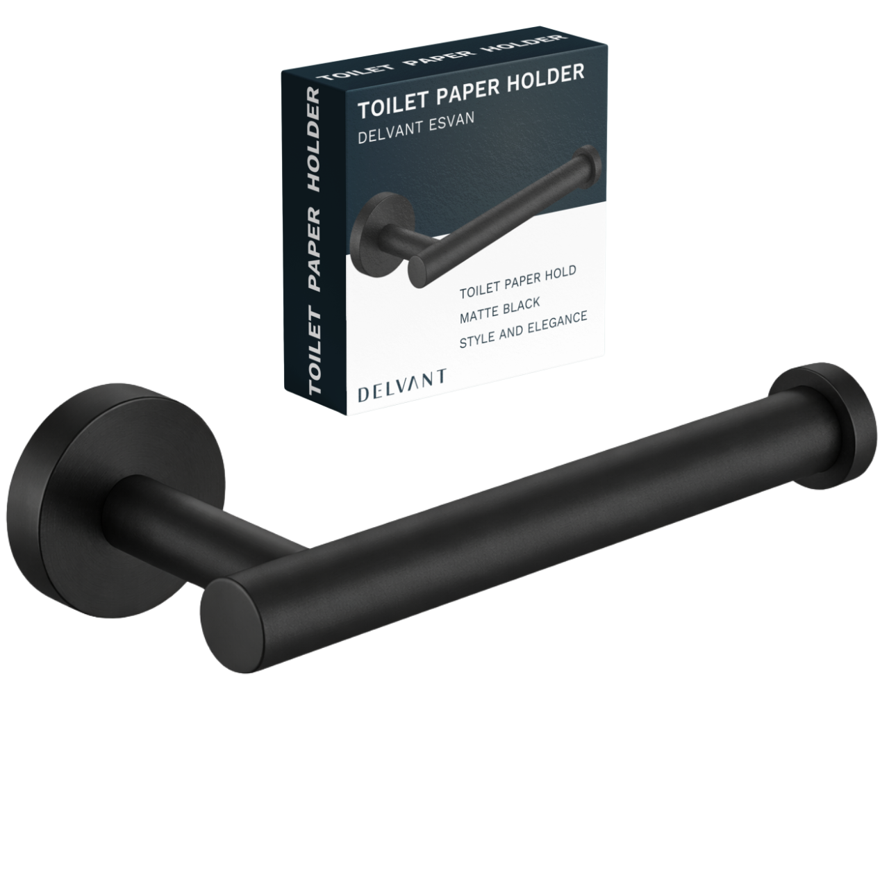 Czarny, metalowy uchwyt na papier toaletowy o prostym, nowoczesnym designie. Obok znajduje się pudełko z napisem \'TOILET PAPER HOLDER DELVANT ESVAN\' oraz \'TOILET PAPER HOLD MATTE BLACK STYLE AND ELEGANCE\'.